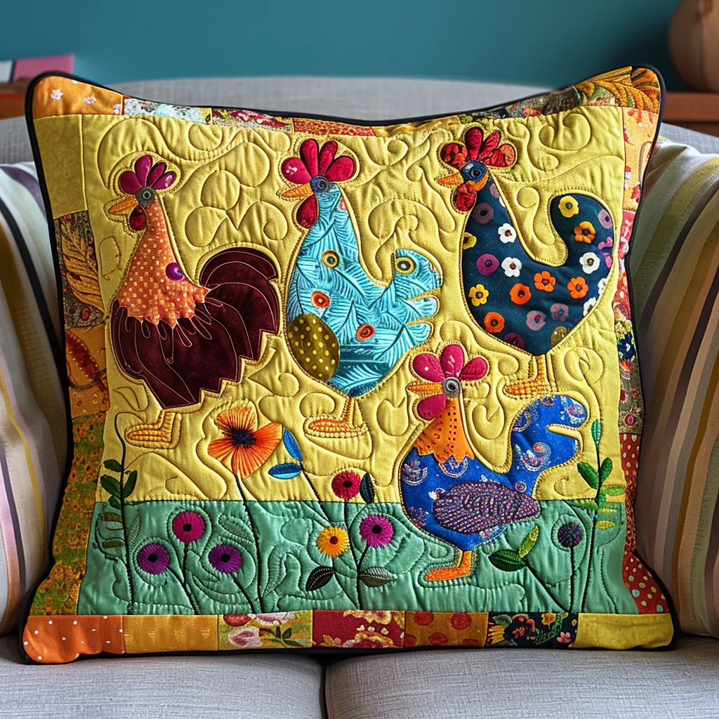 Barnyard Snooze Quilted Pillow Case Country Chicken Patchwork Cushion Home Decor Lovers