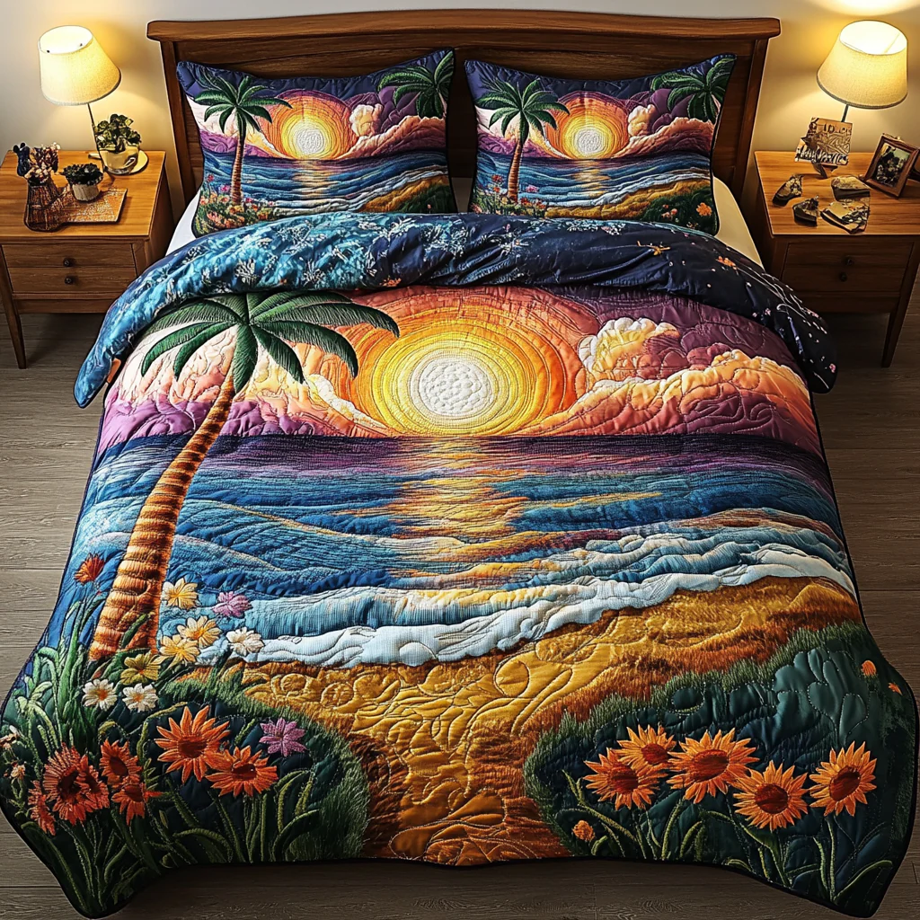 Beach Escape Quilted Bedding Set Sunset Bed Sheet Set Good Family Gifts Bedroom Decor