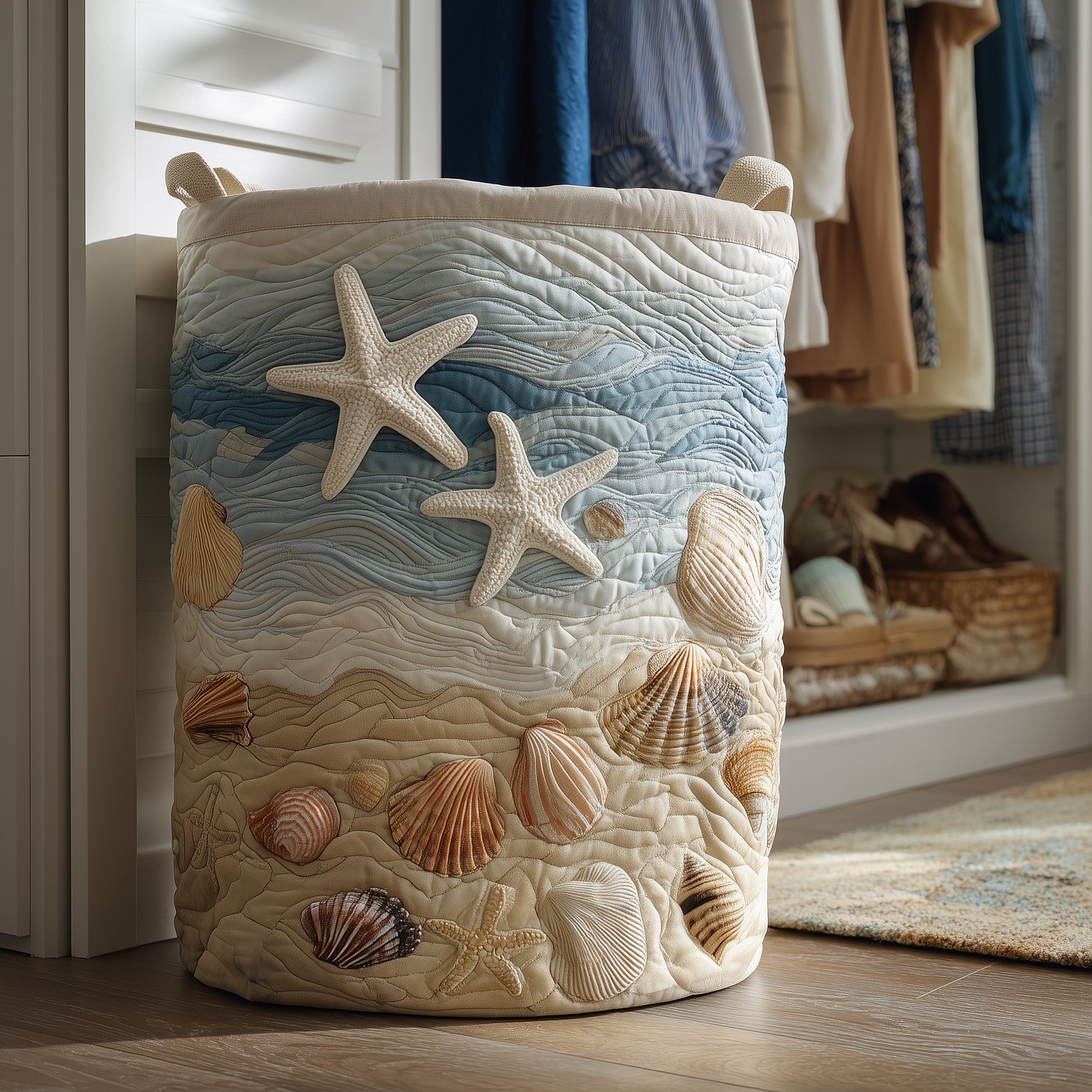 Beach Joy Quilted Laundry Basket Coastal Themed Hamper Basket Gifts For Girlfriend