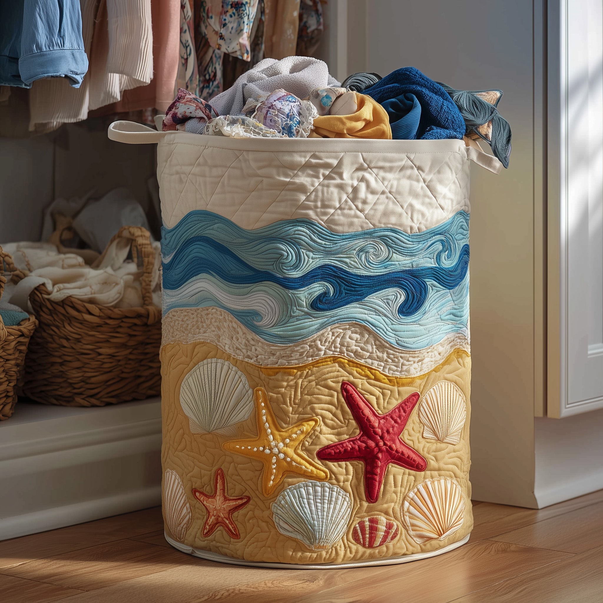 Beach Joy Quilted Laundry Basket Seashell And Starfish Clothes Hamper Ocean Lovers Gifts