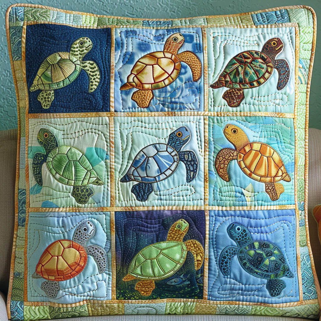 Beachfront Harmony Quilted Pillow Case Sea Turtle Throw Pillow Cover Gift for Turtle Lovers