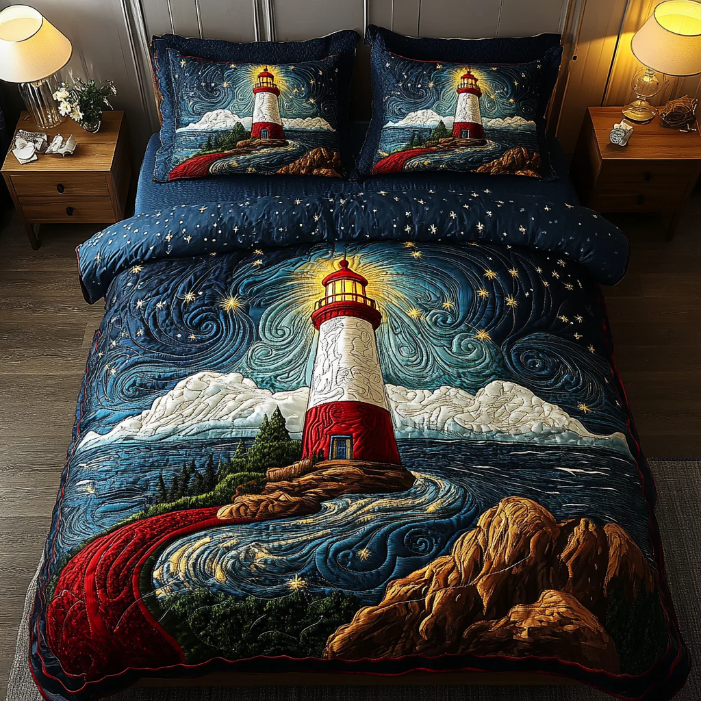 Beacon Of Hope Quilted Bedding Set Starry Night Bed Sheet Set Lighthouse Gift Shop