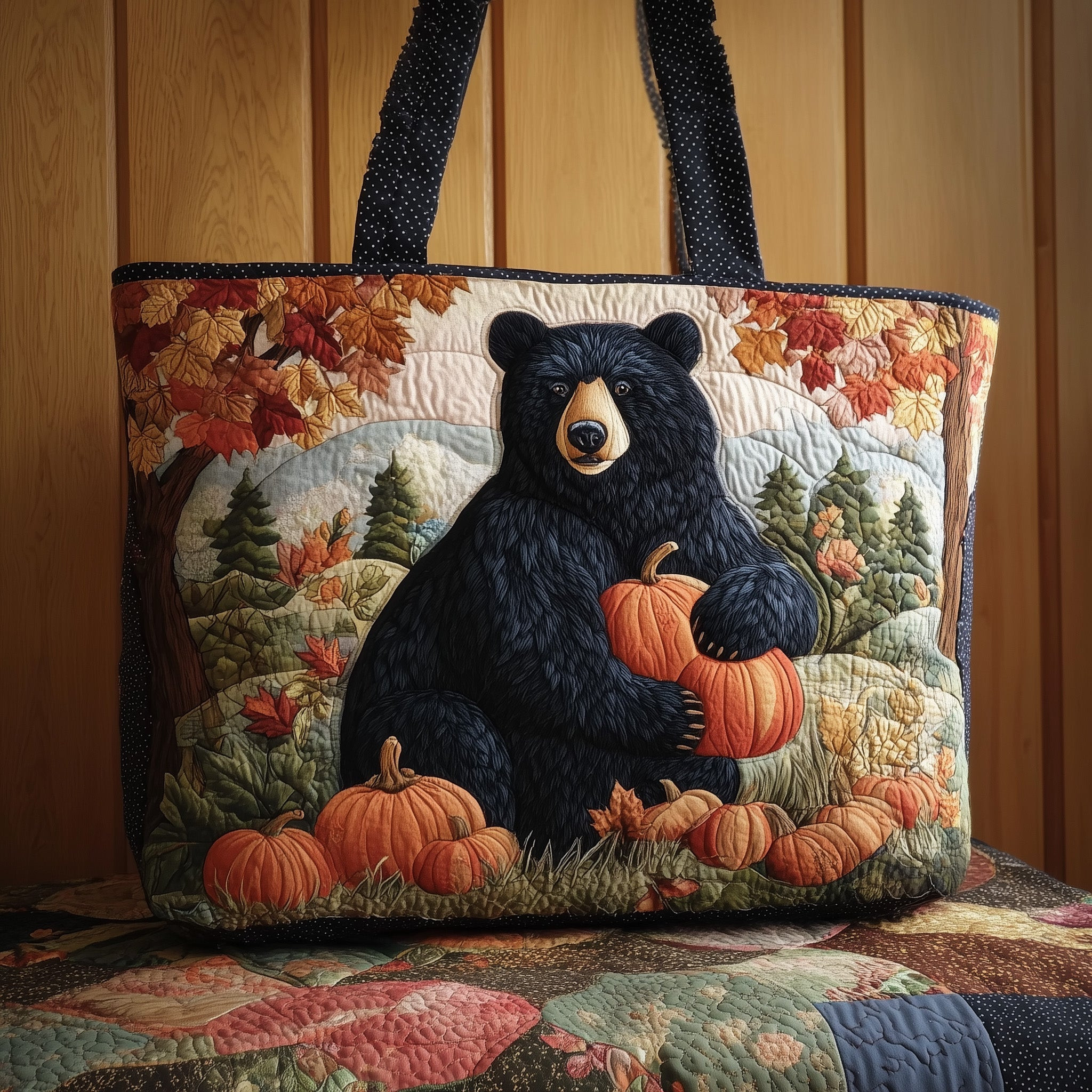 Bear Autumn Quilted Tote Bag Cool Tote Bags For Women Gifts For Bear Lovers