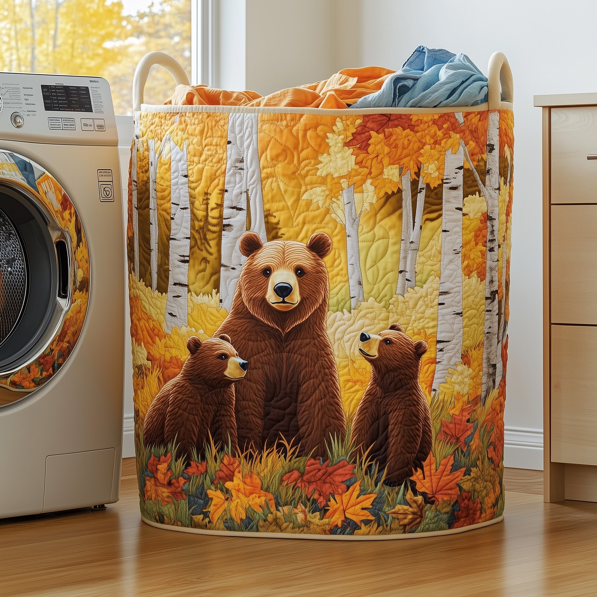 Bear Family Quilted Laundry Basket Autumn Forest Clothes Hamper Gifts Ideas For Bear Lovers