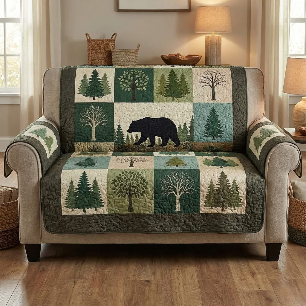 Bear Forest Quilted Sofa Cover Wildlife Forest Couch Cover Best Gifts For Bear Lovers