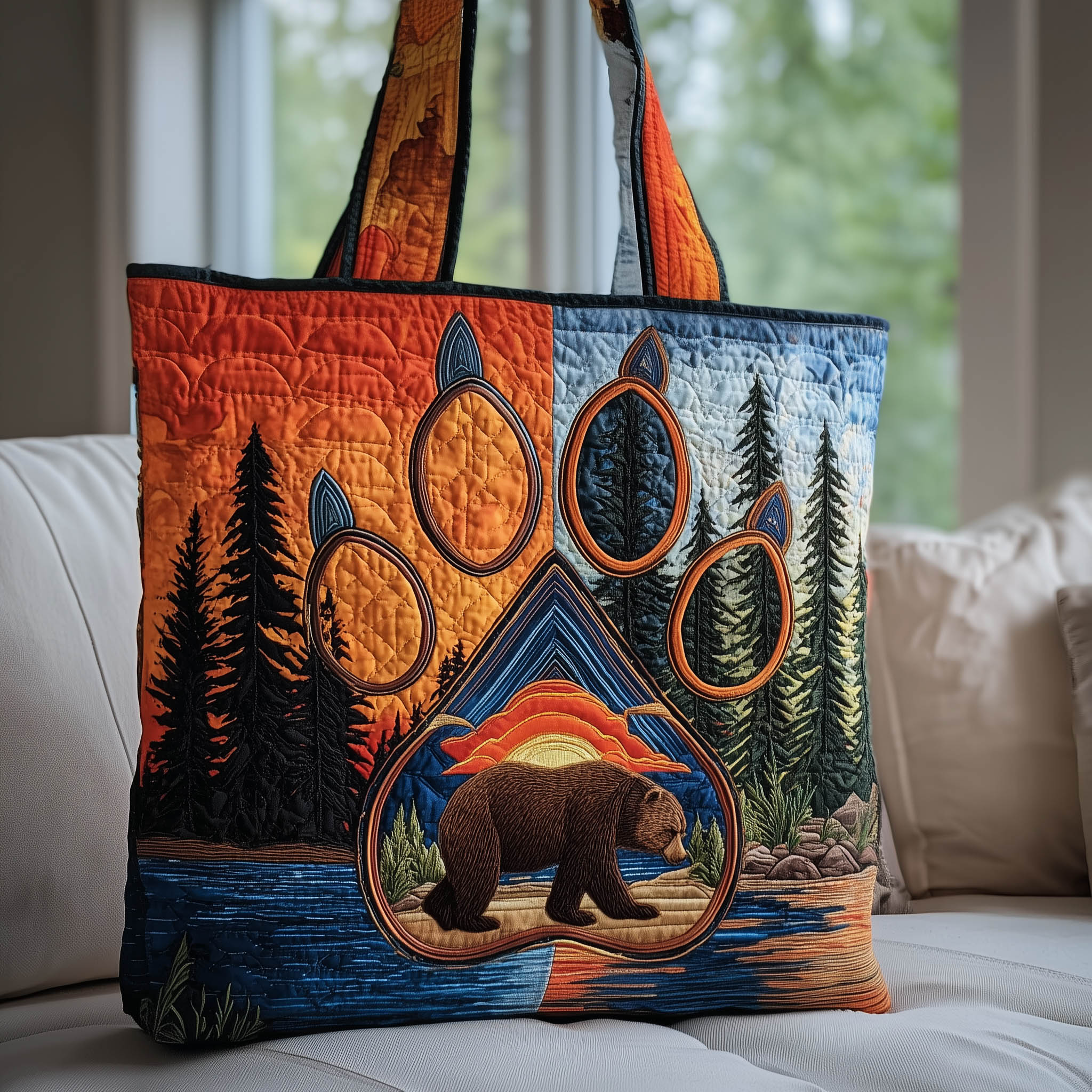 Bear Paw Quilted Tote Bag Sunset Scene Handbag For Women Best Gifts For Bear Lovers