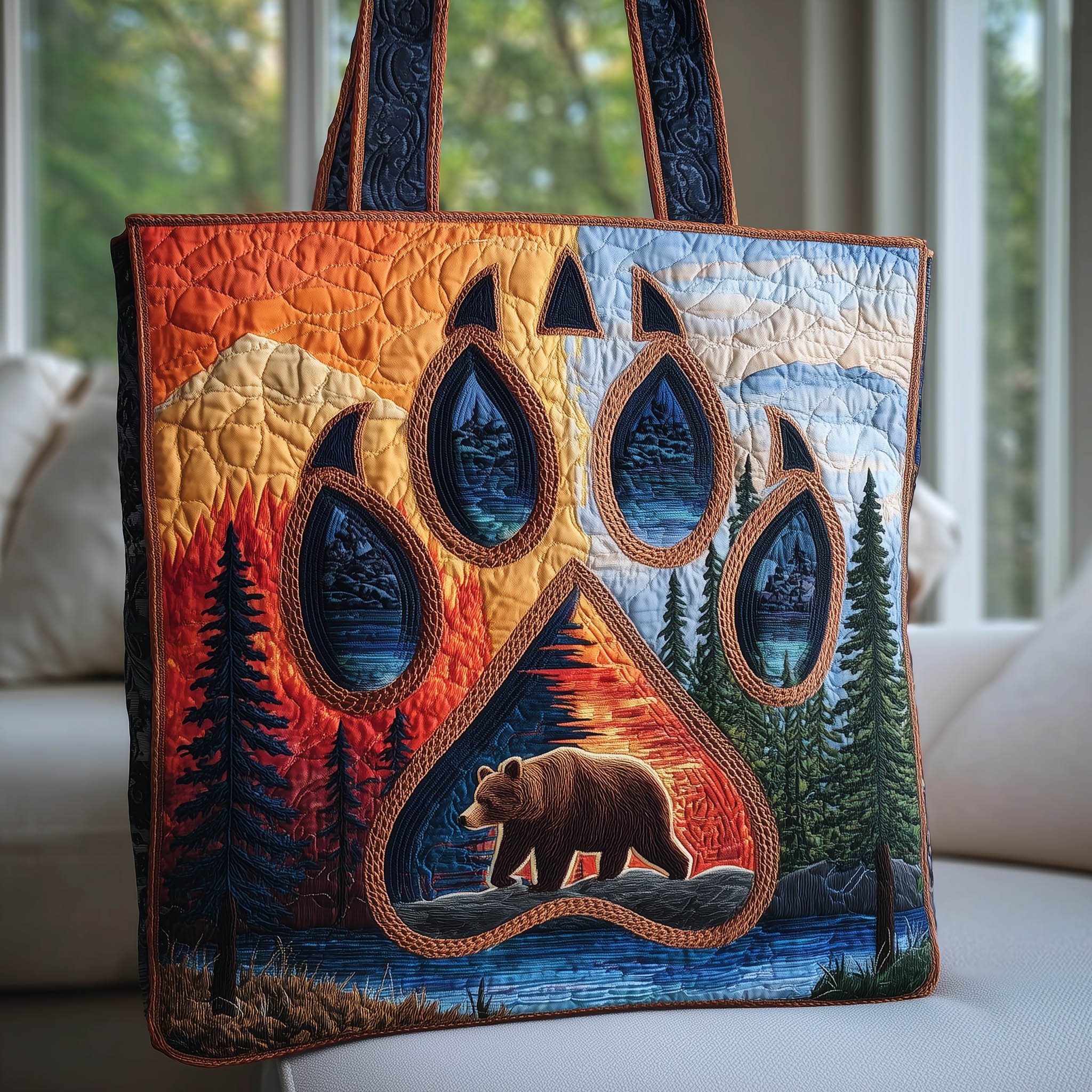 Bear Paw Quilted Tote Bag Wilderness Sunset Scene Shoulder Bag For Women Gifts For Bear Lovers