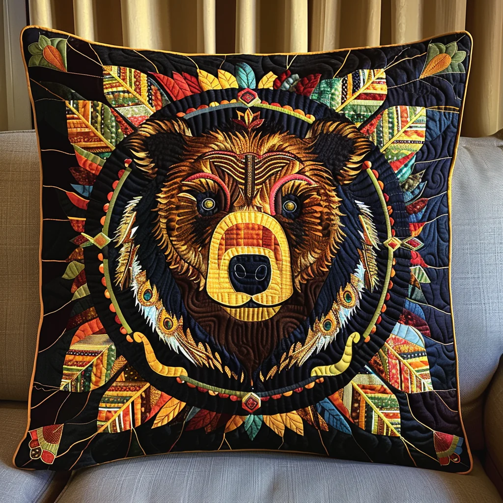 Bear Radiant Quilted Pillow Case Autumn Leaves Pillow Cover Unique Gifts For Bear Lovers
