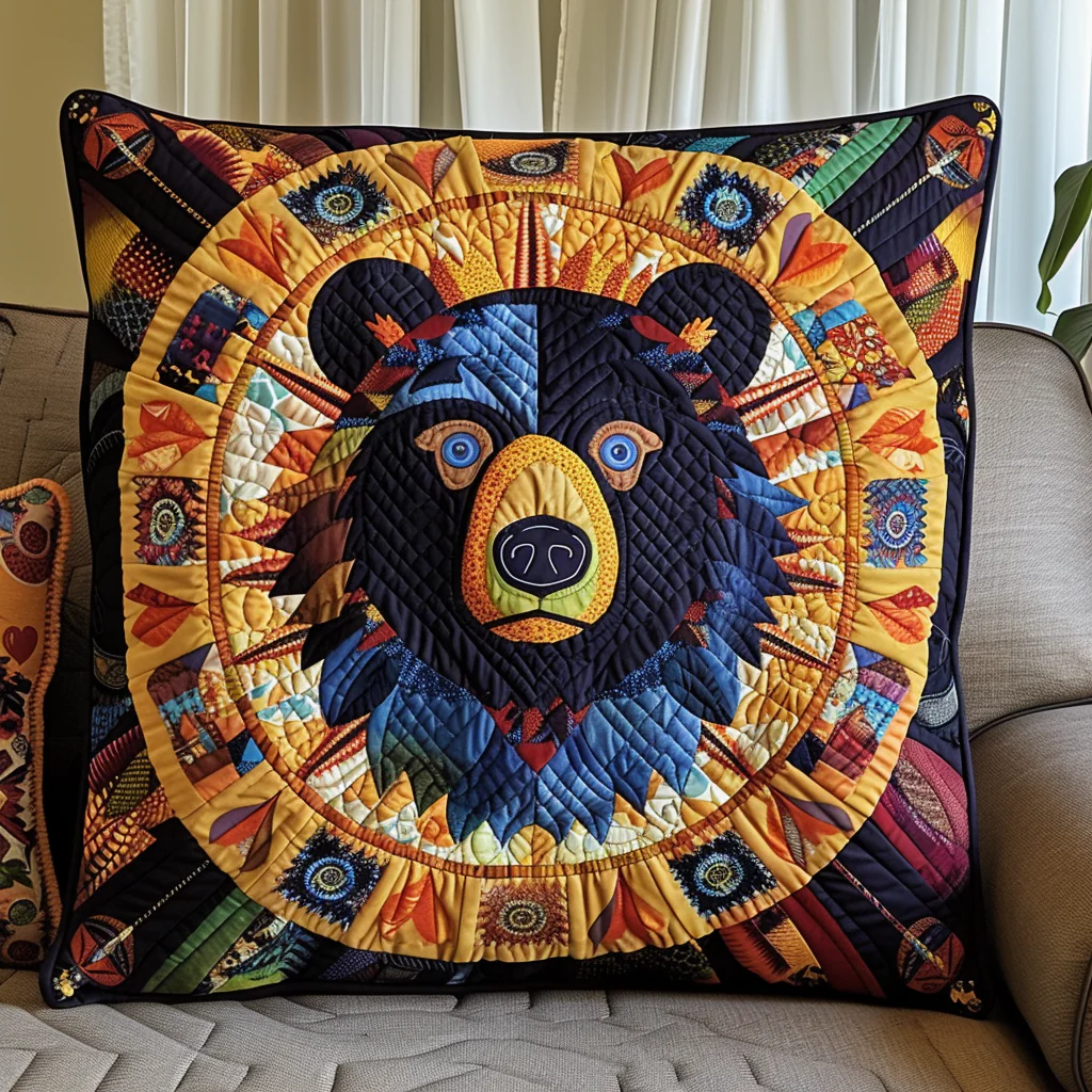 Bear Radiant Quilted Pillow Case Rustic Woodland Bear Throw Pillow Cover Gift for Nature Lovers