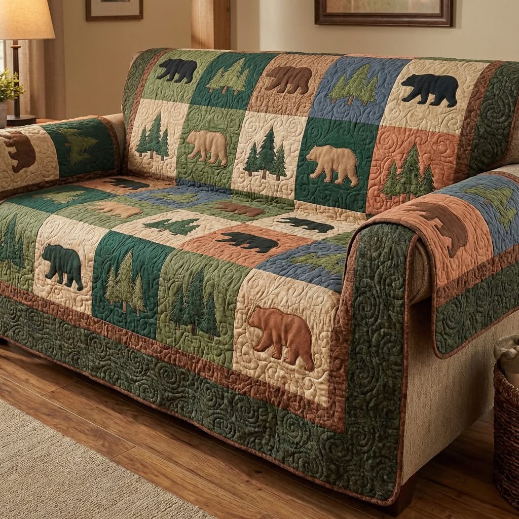 Bear Rustic Quilted Sofa Cover Patchwork Sofa Couch Cover Gifts For Wildlife Lovers
