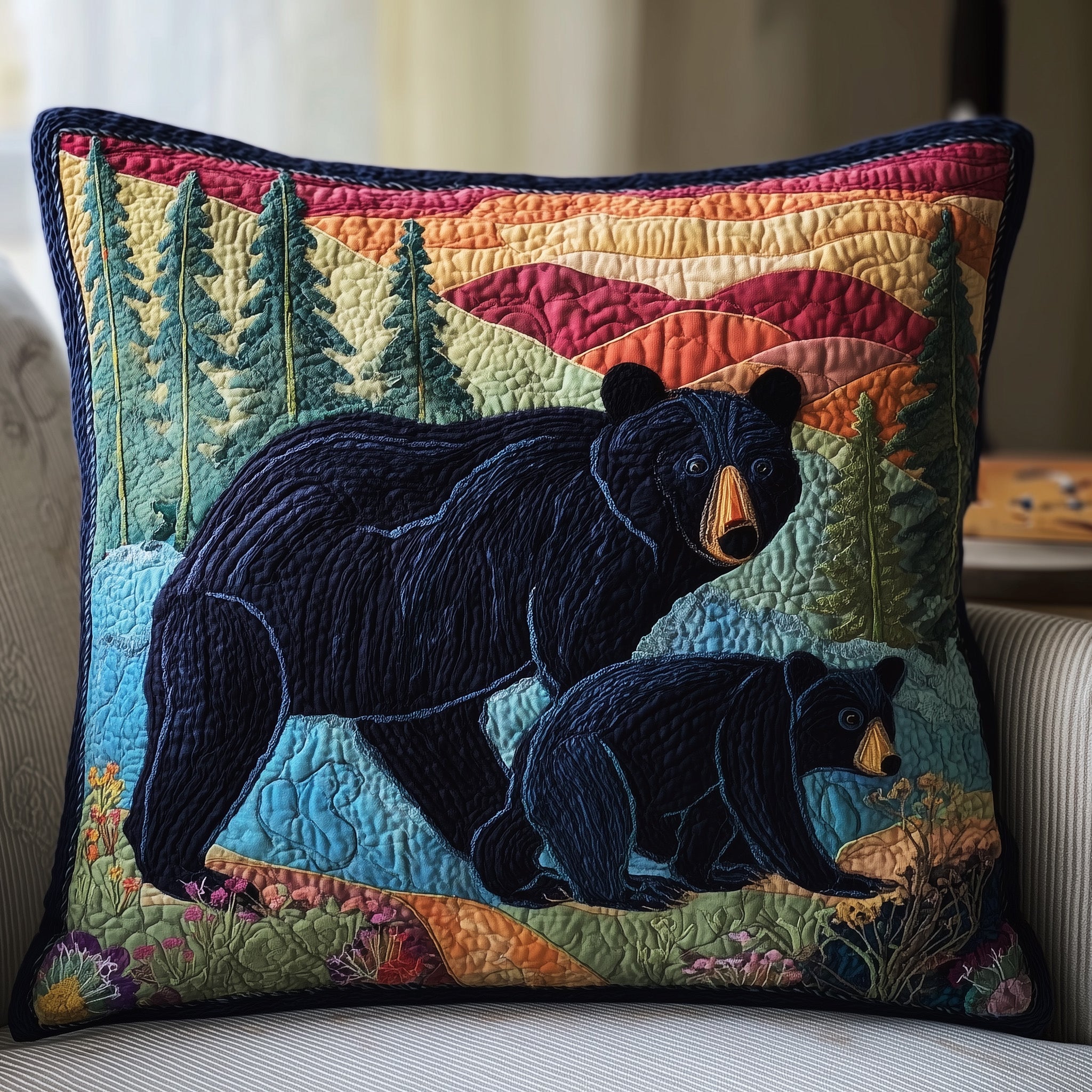 Bear Wander Quilted Pillow Case Square Pillow Cushion CoverGift Ideas For Bear Lovers