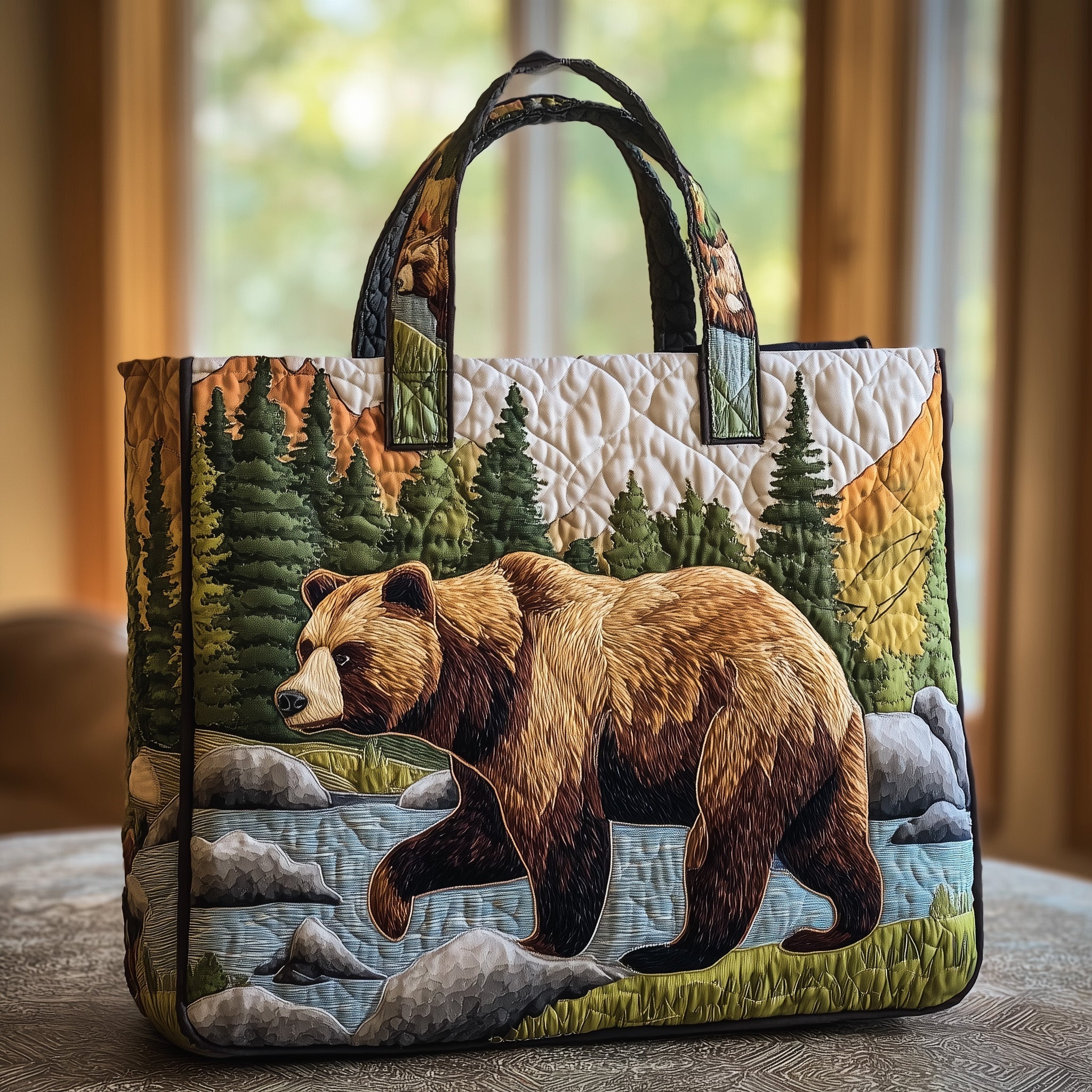 Bear Wander Quilted Tote Bag Mountain Landscape Shoulder Bag For Women Merch Gifts