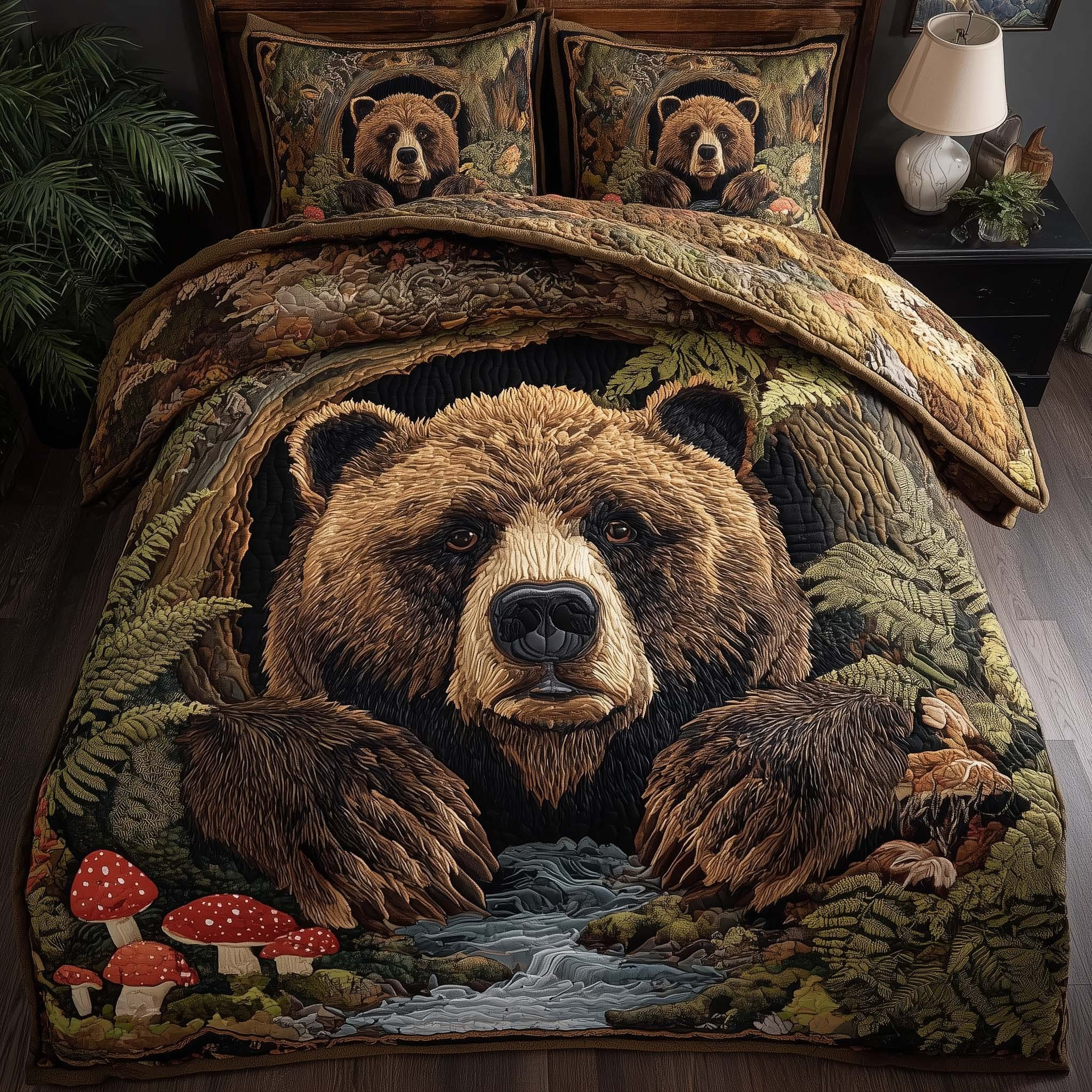 Bear Woodland Quilted Bedding Set Wildlife Bedspread Set Present For Bear Lovers