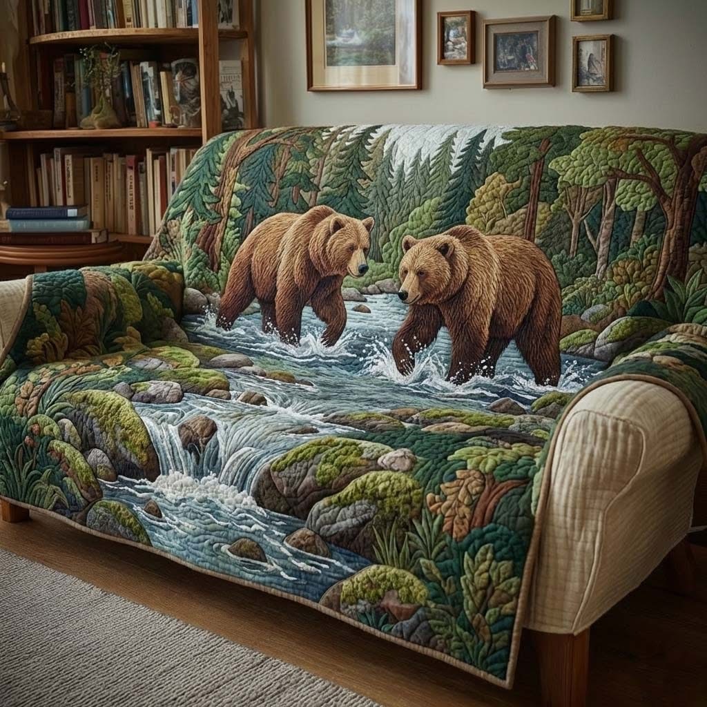 Bear Woodland Quilted Sofa Cover'Rustic Landscape'Sofa Protector Present For Bear Lovers