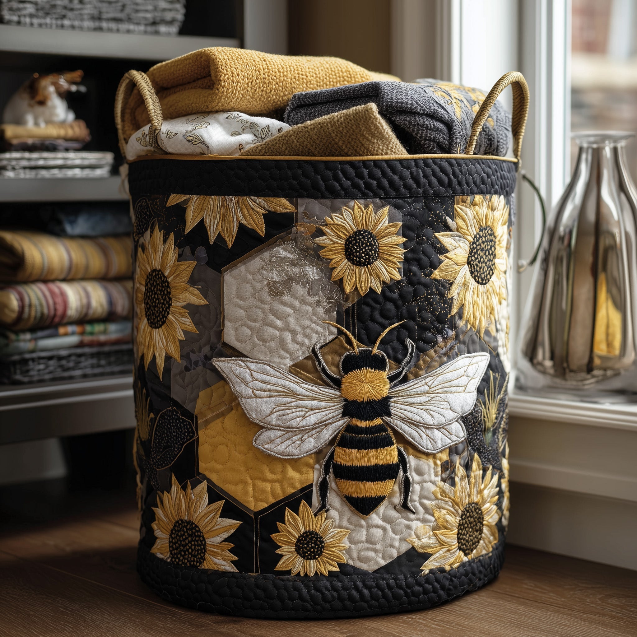Bee Dream Quilted Laundry Basket Sunflower Honeycomb Hamper Basket Bee Themed Gifts