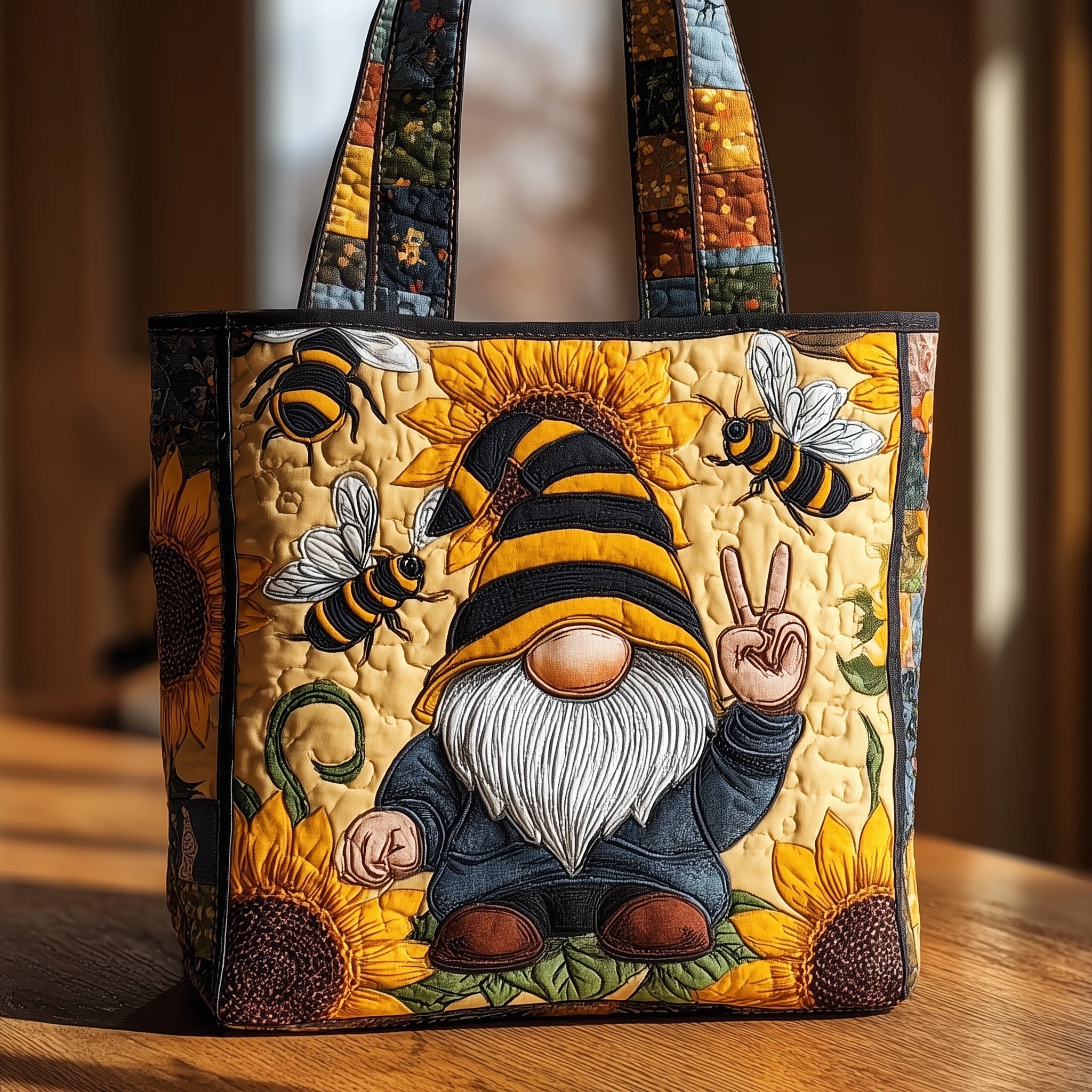Bee Gnome Quilted Tote Bag Sunflower Handbags Unique Gifts For Girlfriend