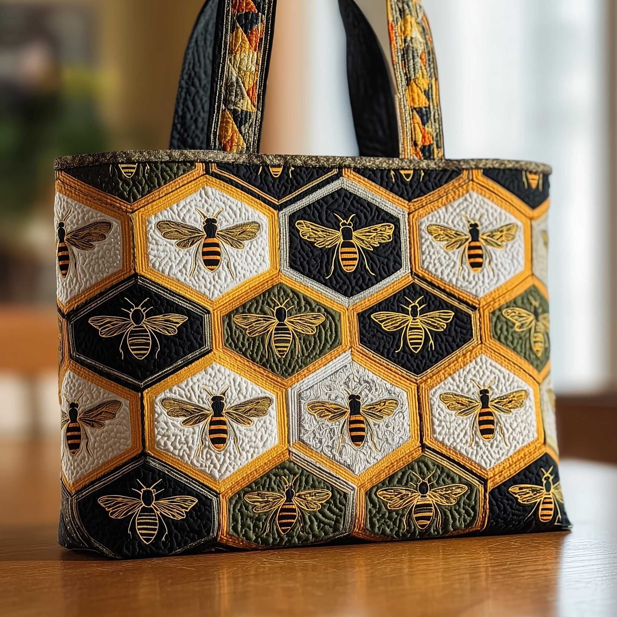 Bee Quilted Tote Bag Honeycomb Handbag For Women Presents For Bee Lovers