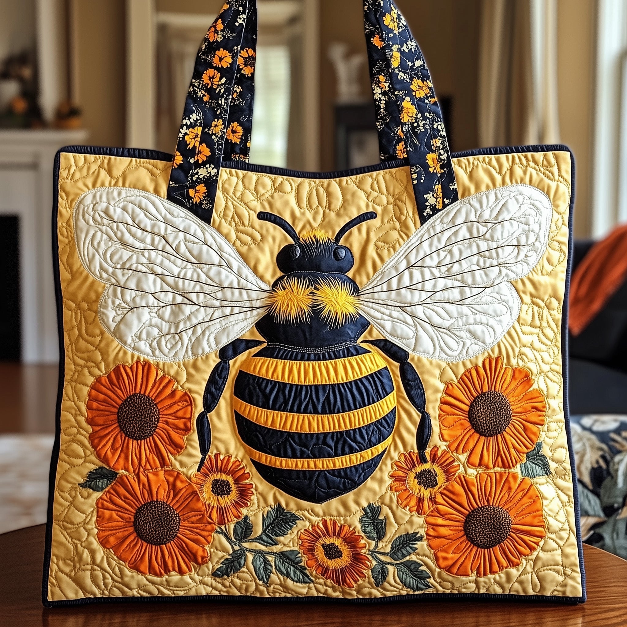 Bee Quilted Tote Bag Vibrant Floral Shoulder Bags For Women Bee Inspired Gifts