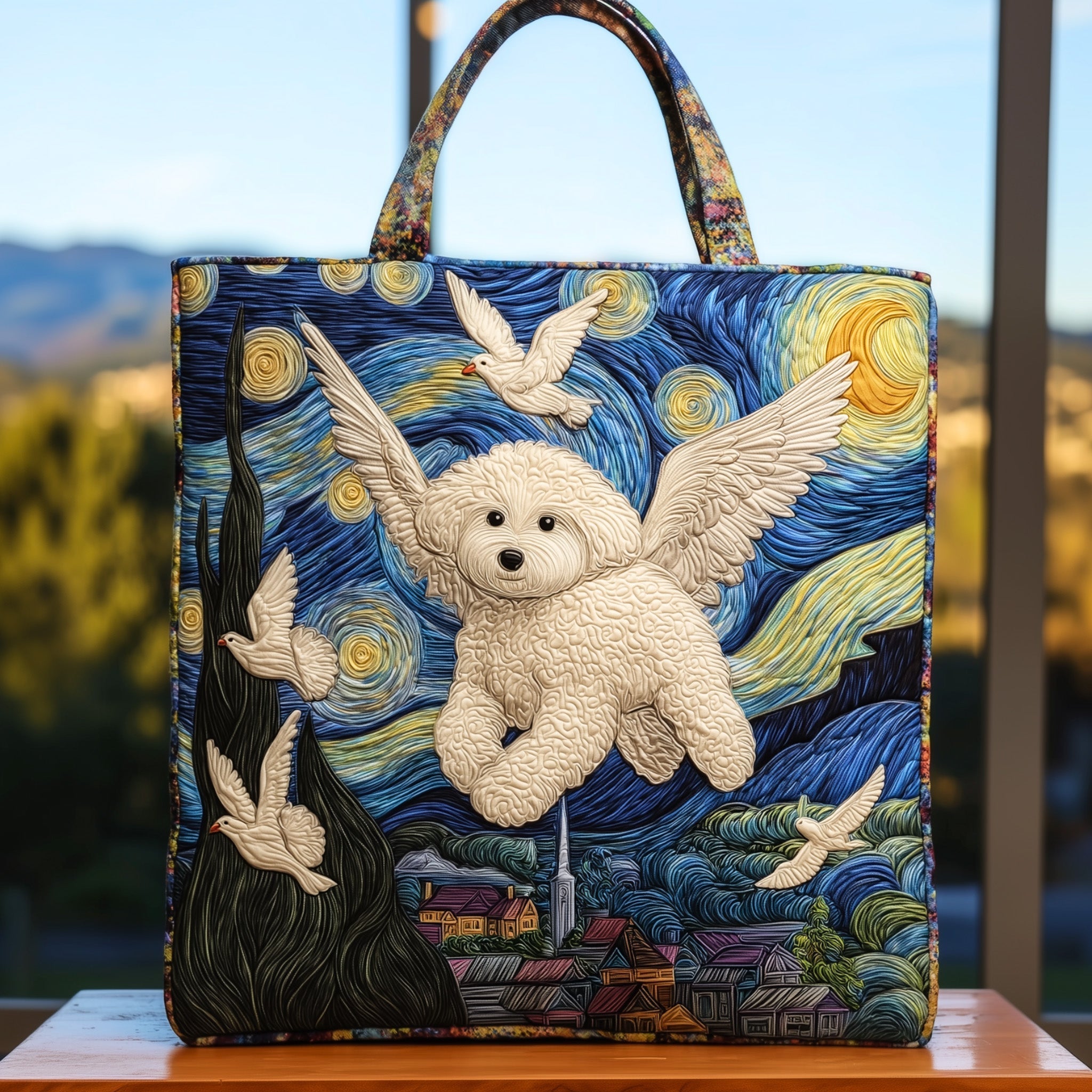 Bichon Heaven Quilted Tote Bag Starry Night Themed Handbag For Women Gifts For Dog Lovers
