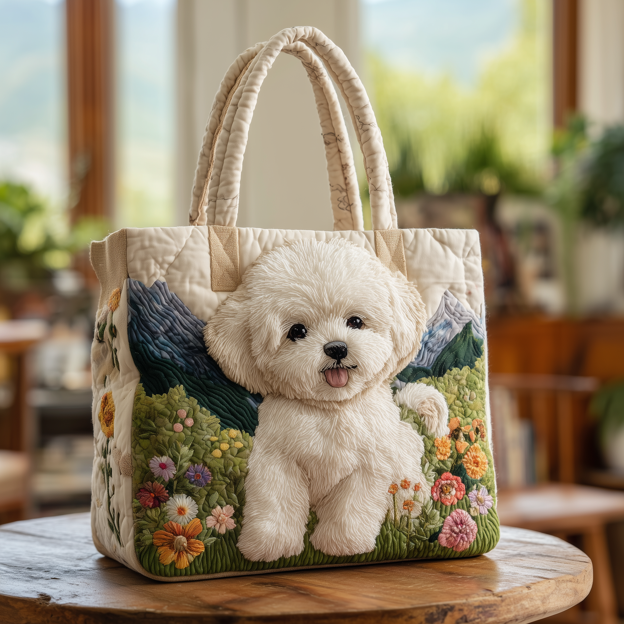 Bichon Quilted Tote Bag Flower Field Tote Bag For Women Cute Gifts Ideas For Bichon Lovers