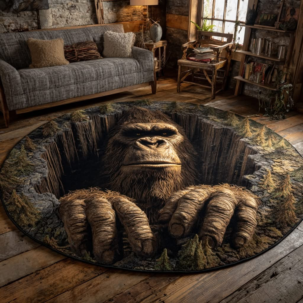 Bigfoot Cavern Quilted Round Mat Unique Circle Rug Gifts For Sasquatch Lovers Home Decor