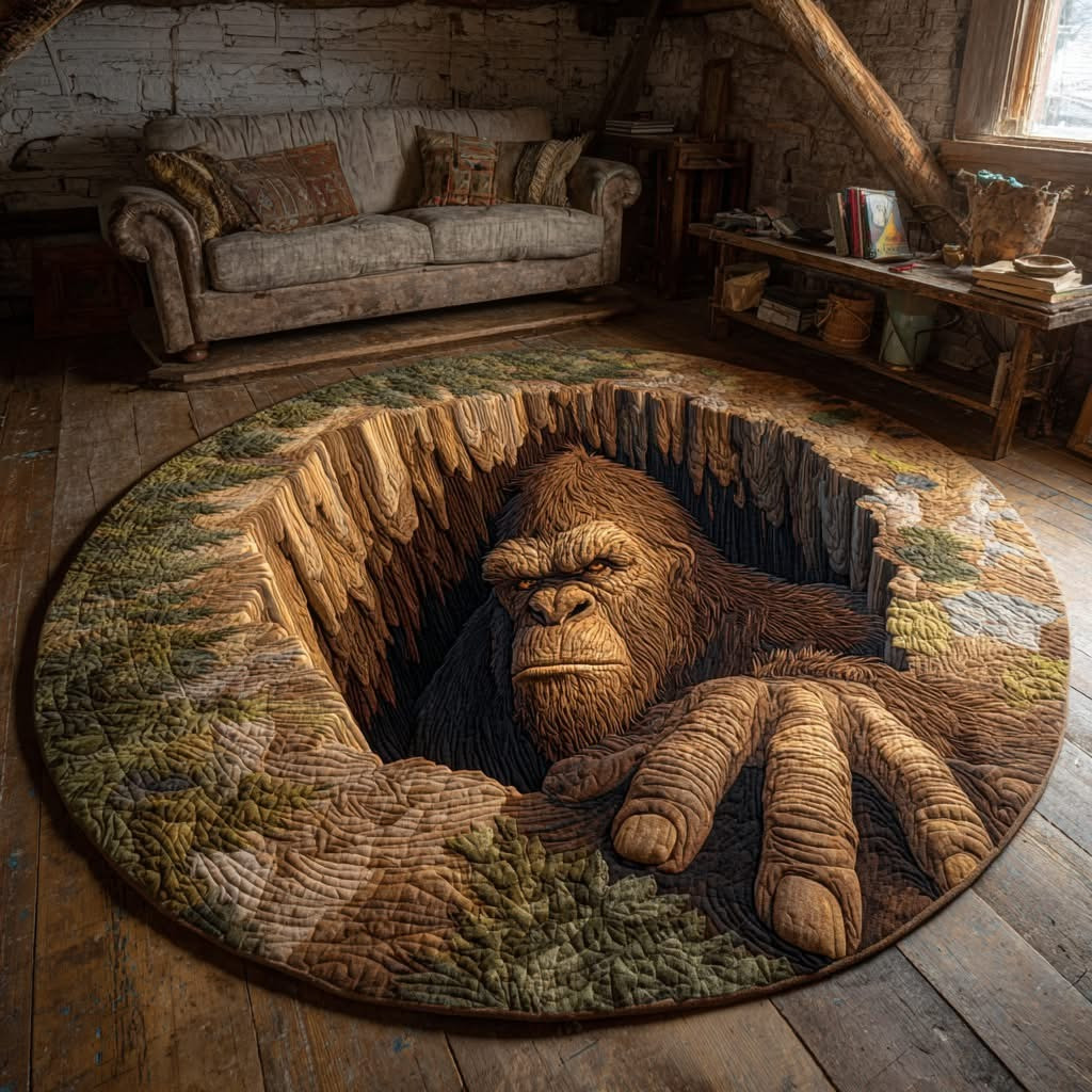 Bigfoot Forest Burrow Quilted Round Mat Unique Circle Rug Home Decor For Sasquatch Lovers
