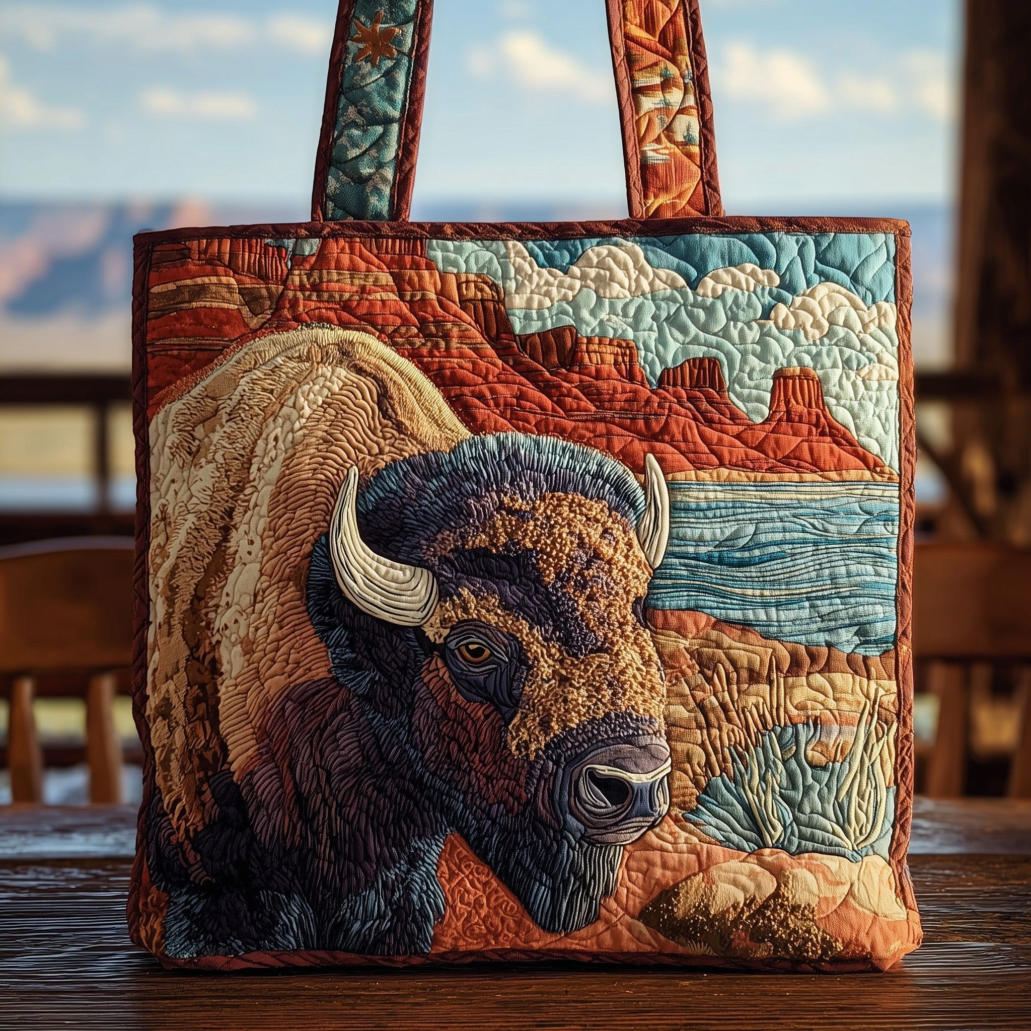 Bison Quilted Tote Bag Desert Landscape Handbag For Women Birthday Ideas For Mom
