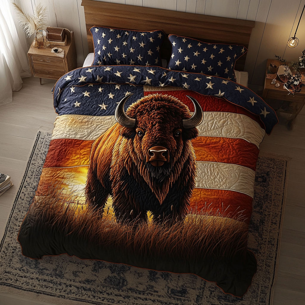 Bison Spirit Quilted Bedding Set Cool Bedroom Decor Patriotic Gifts For Women