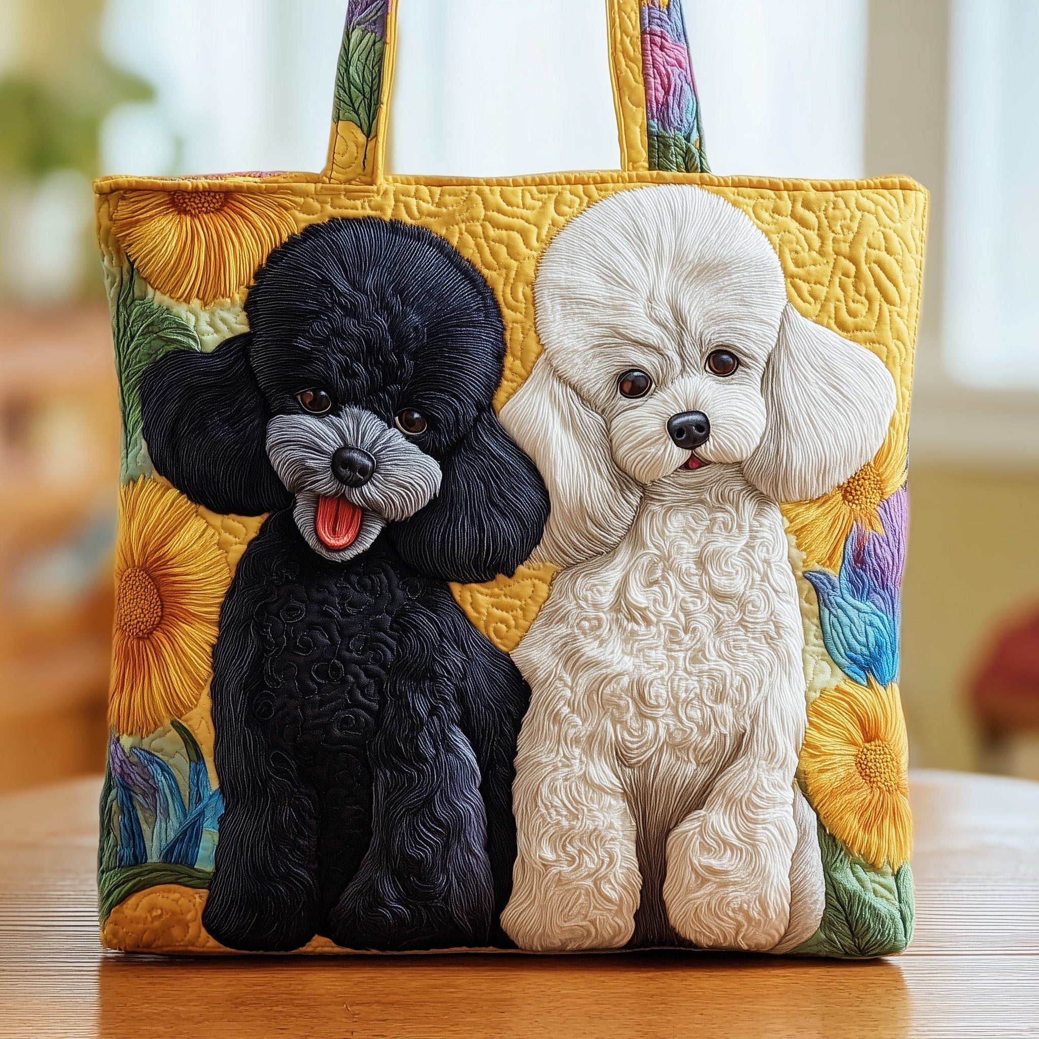 Black And White Poodle Quilted Tote Bag Vibrant Floral Handbag For Women Gifts For Poodle Mom
