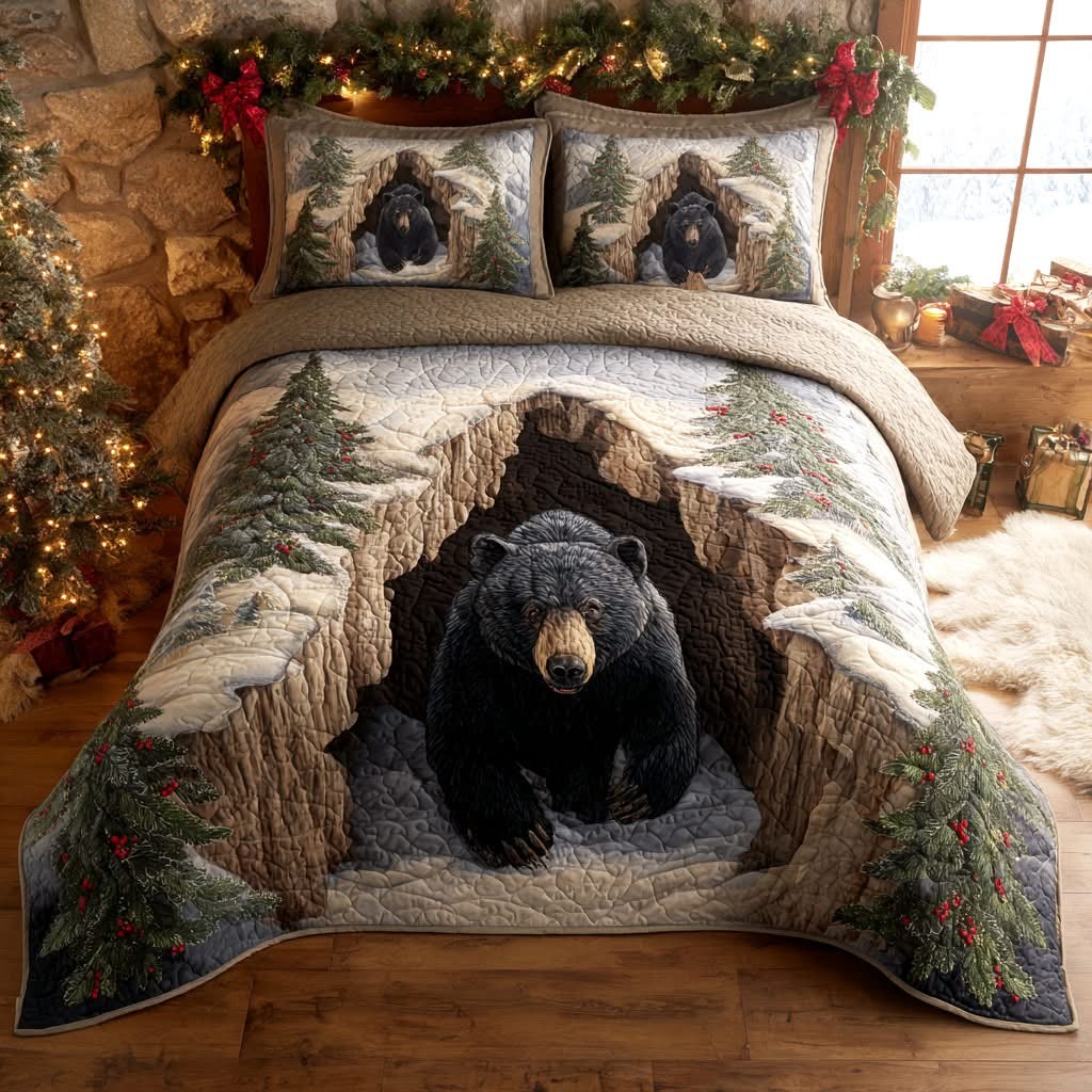 Black Bear Holiday Den Quilted Bedding Set Bedspread Set Gifts For Bear Lovers