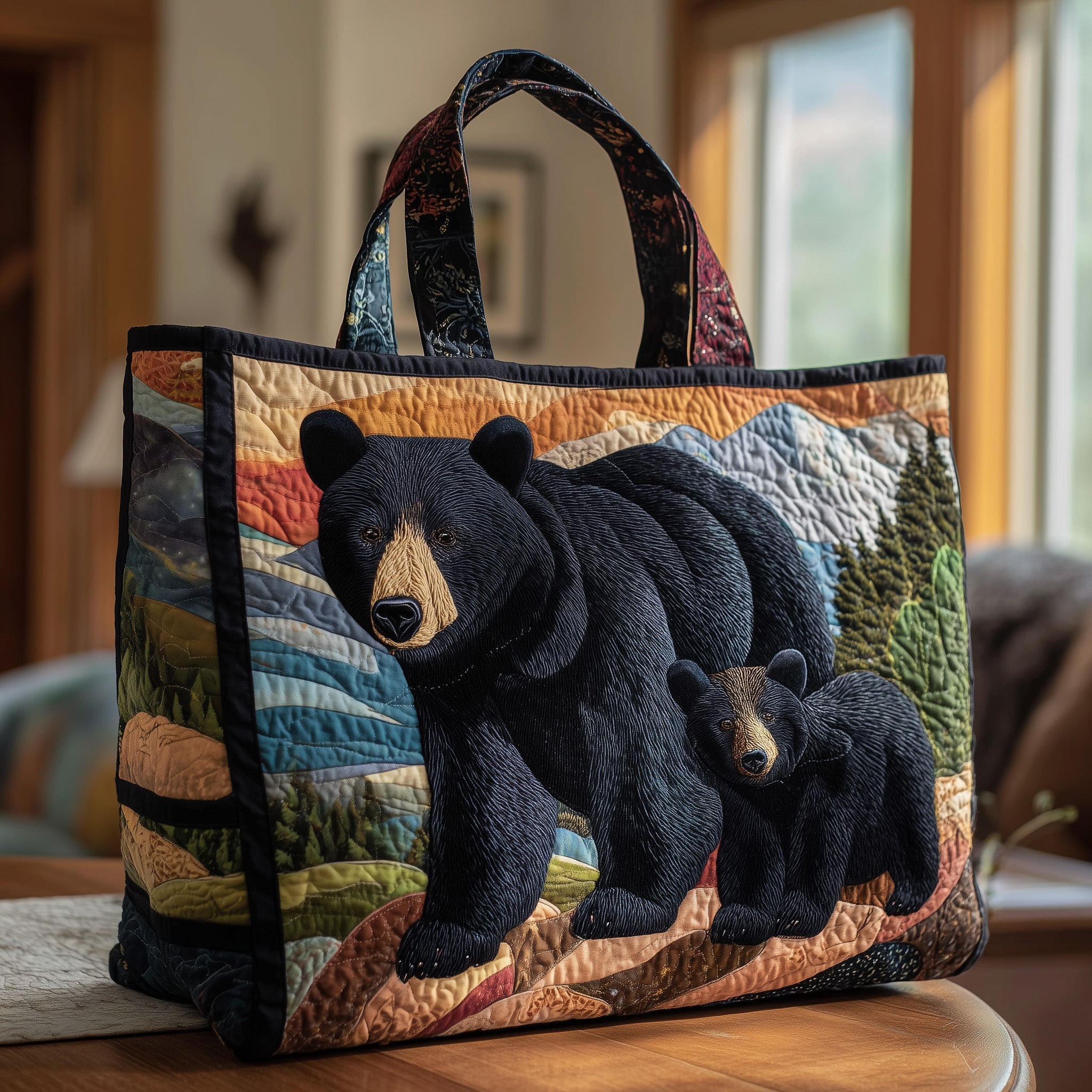 Black Bear Wander Quilted Tote Bag Forest Wildlife Animal Handbags For Women Nature Lover Gifts