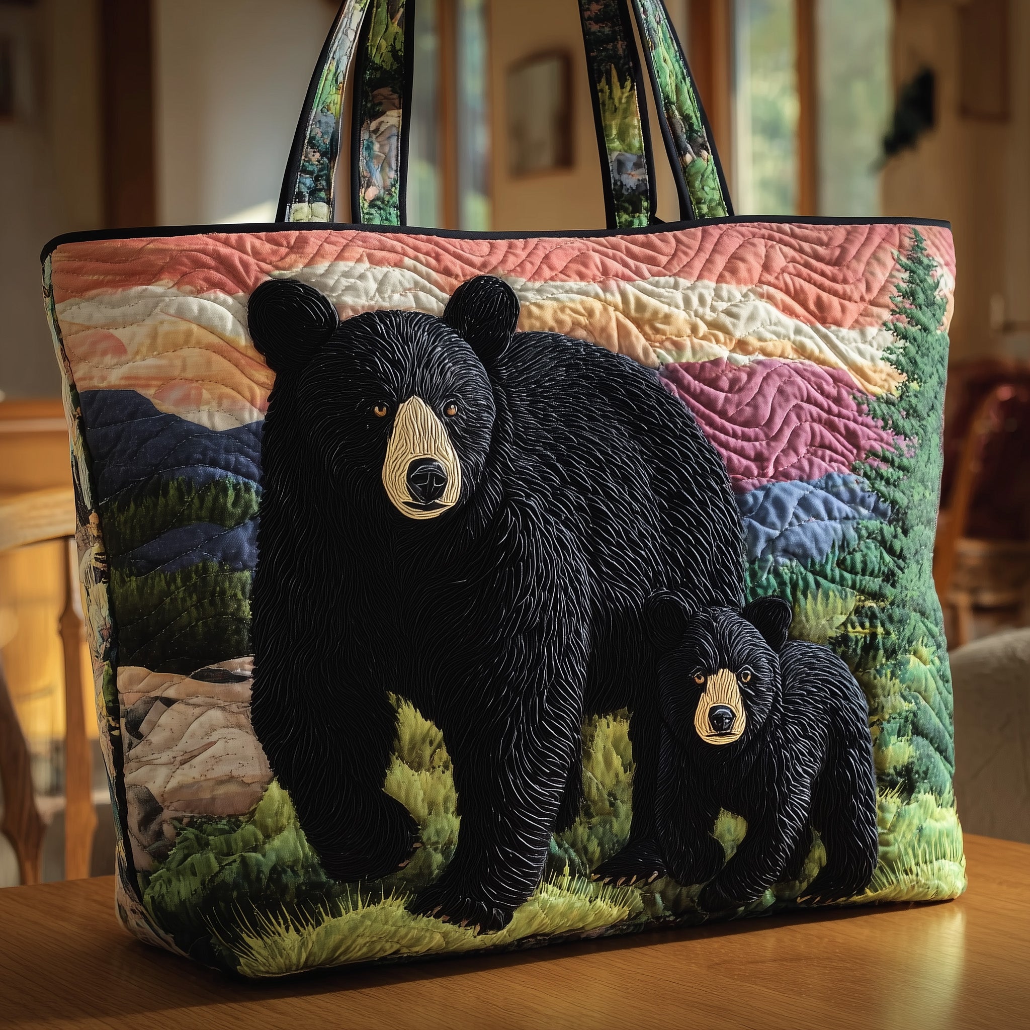 Black Bear Wander Quilted Tote Bag Forest Wildlife Shoulder Bag For Women Gifts For Wife