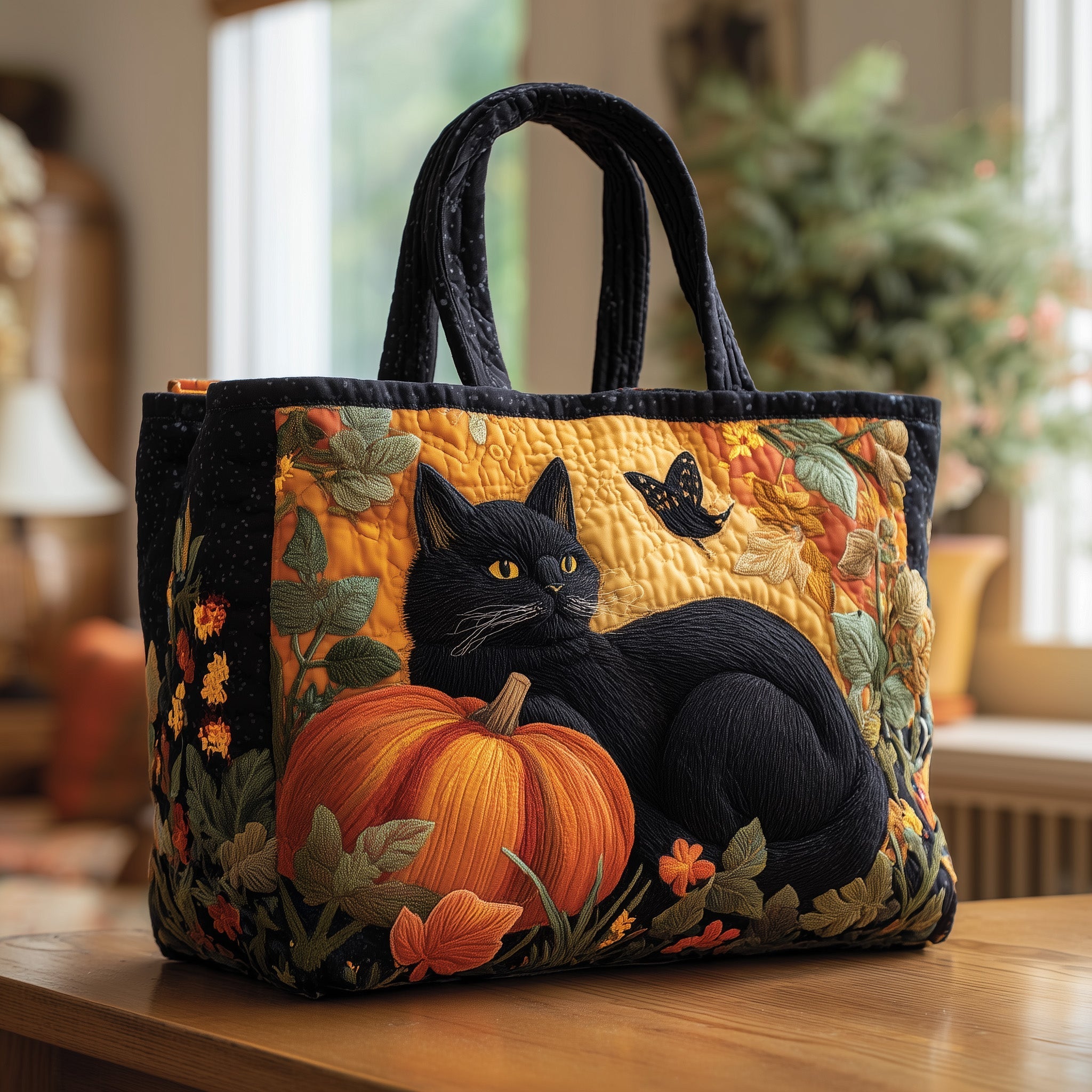 Black Cat Autumn Quilted Tote Bag Best Everyday Tote Gifts Ideas For Black Cat Lovers