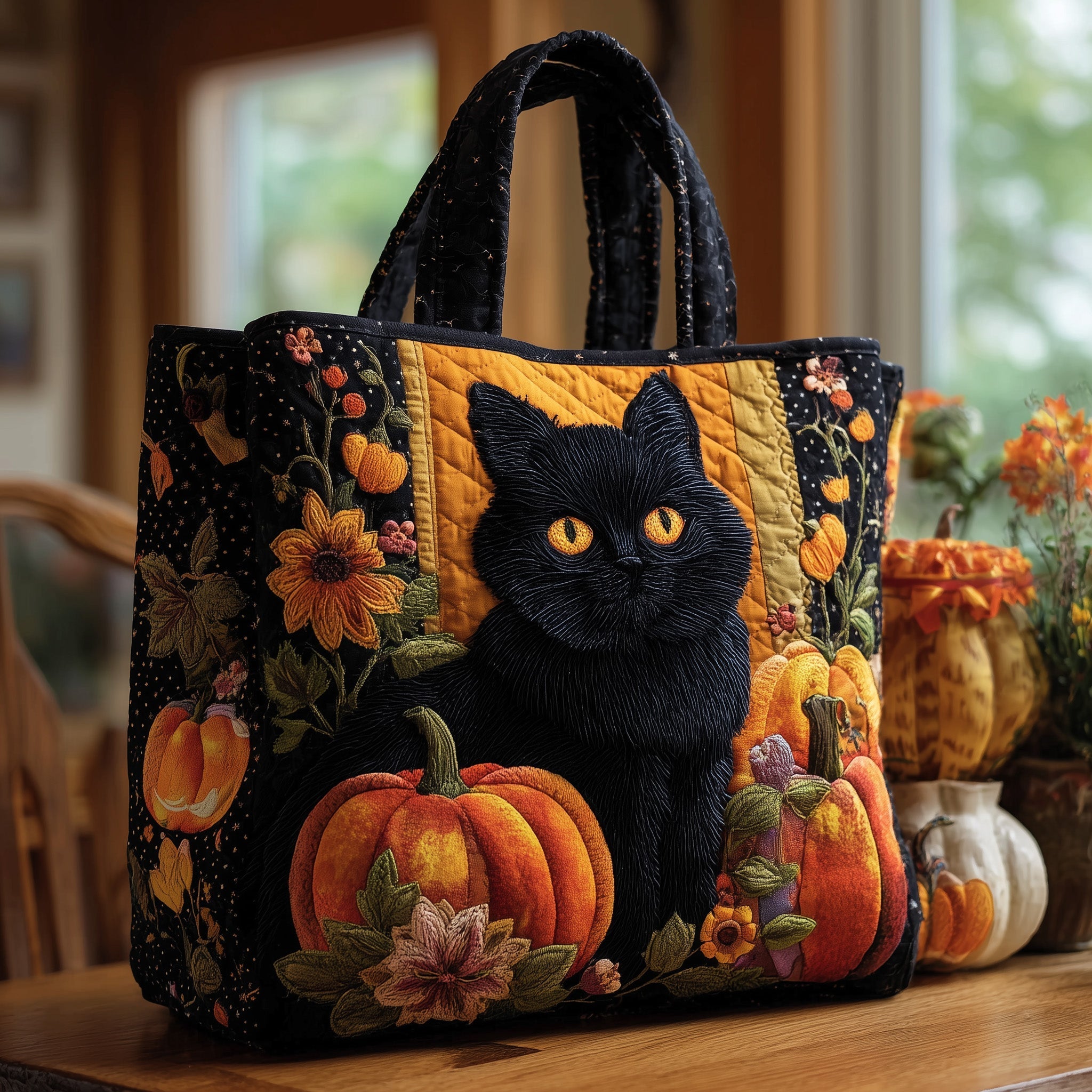 Black Cat Autumn Quilted Tote Bag Halloween Handbag For Women Gifts For Car Lovers