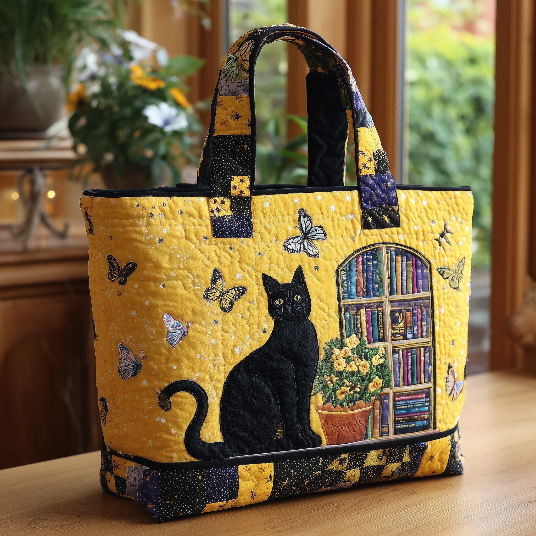 Black Cat Bookshelf Quilted Tote Bag Great Shoulder Bags For Women Black Cat Gift Ideas
