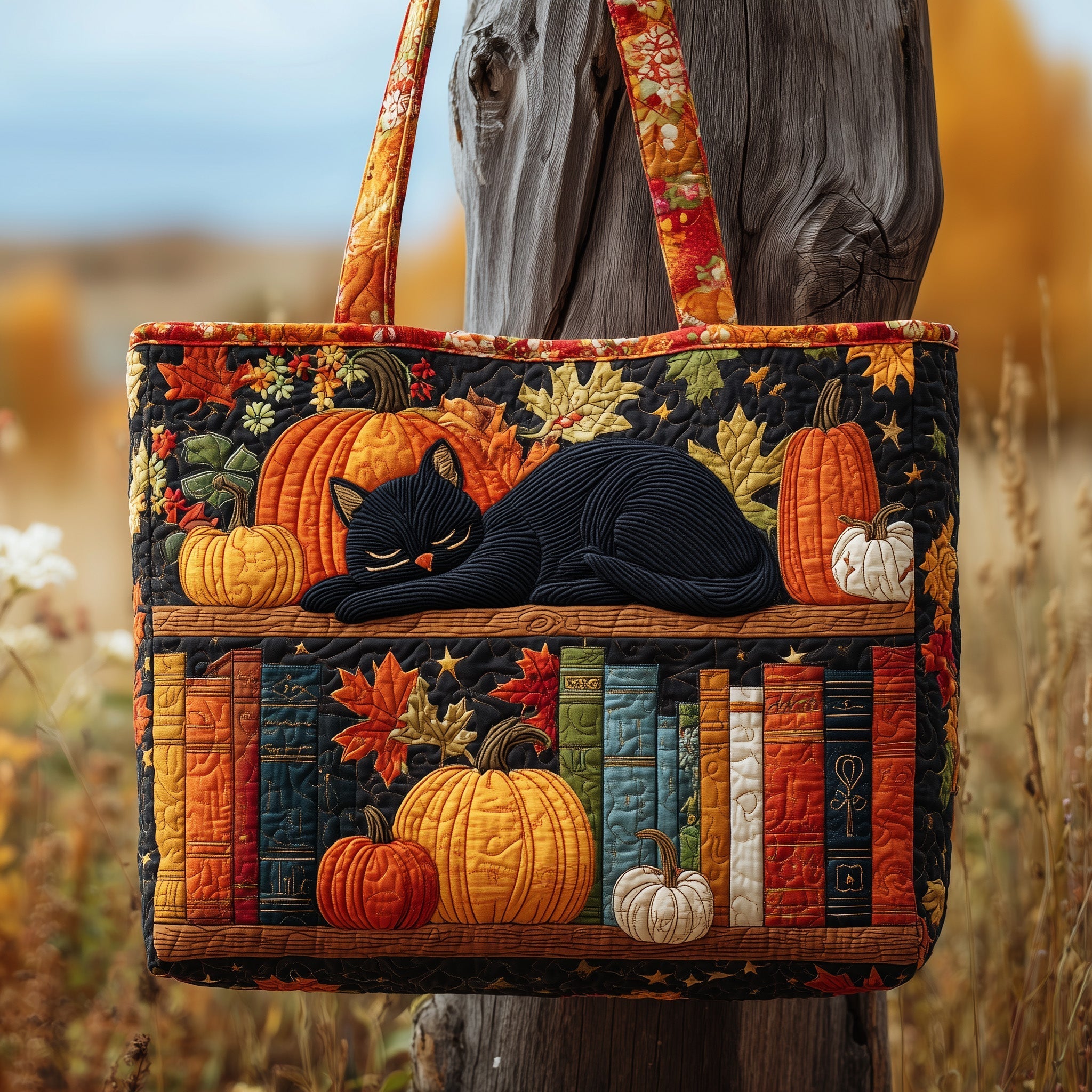 Black Cat Library Quilted Tote Bag Autumn Themed Handbags For Women Gift Idea