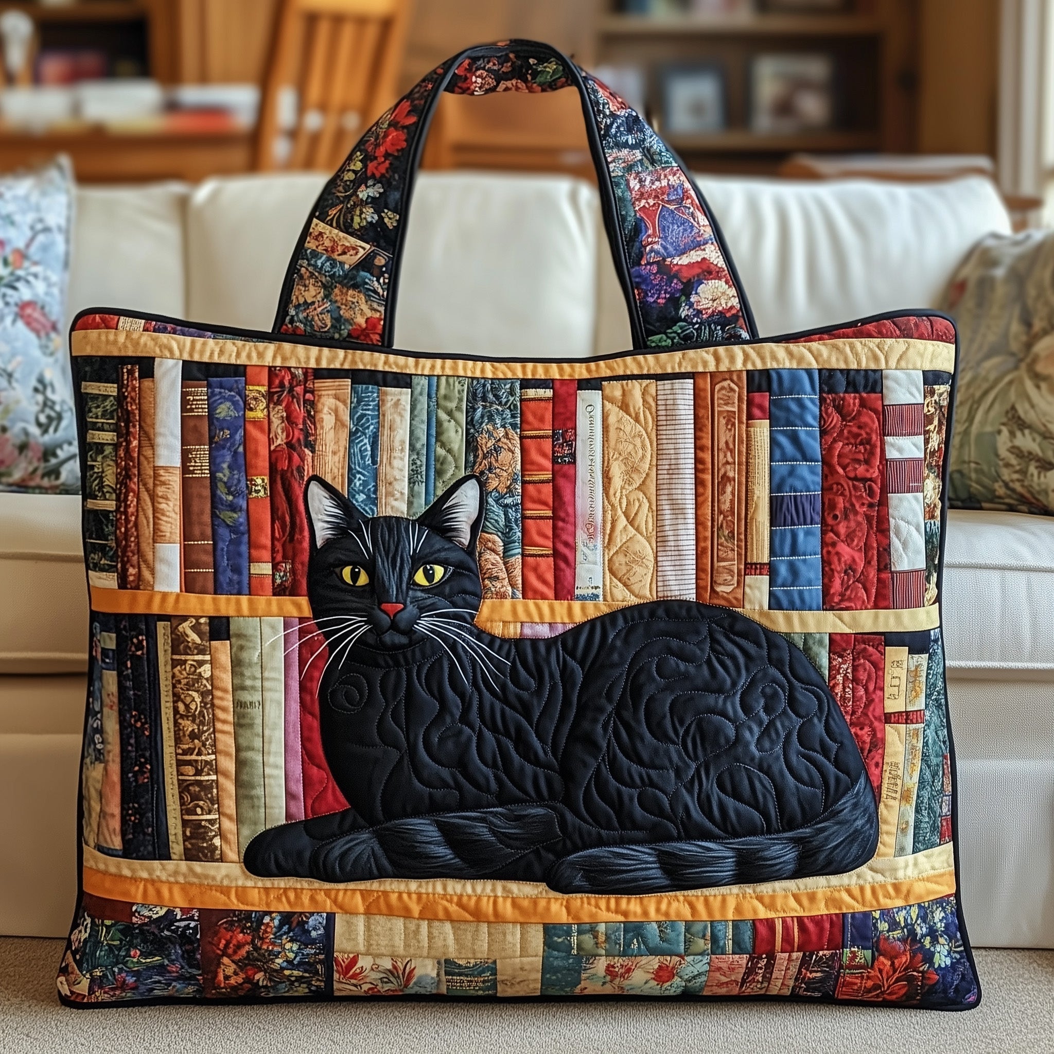 Black Cat Library Quilted Tote Bag Most Popular Shoulder Bags Cat Themed Accessories Gift Items