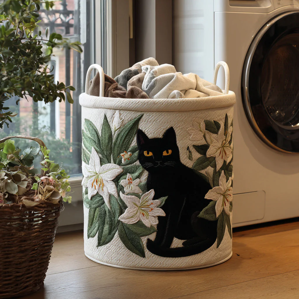 Black Cat Lily Watch Laundry Basket Fabric Storage Bin Hamper Gifts For Black Cat Lovers
