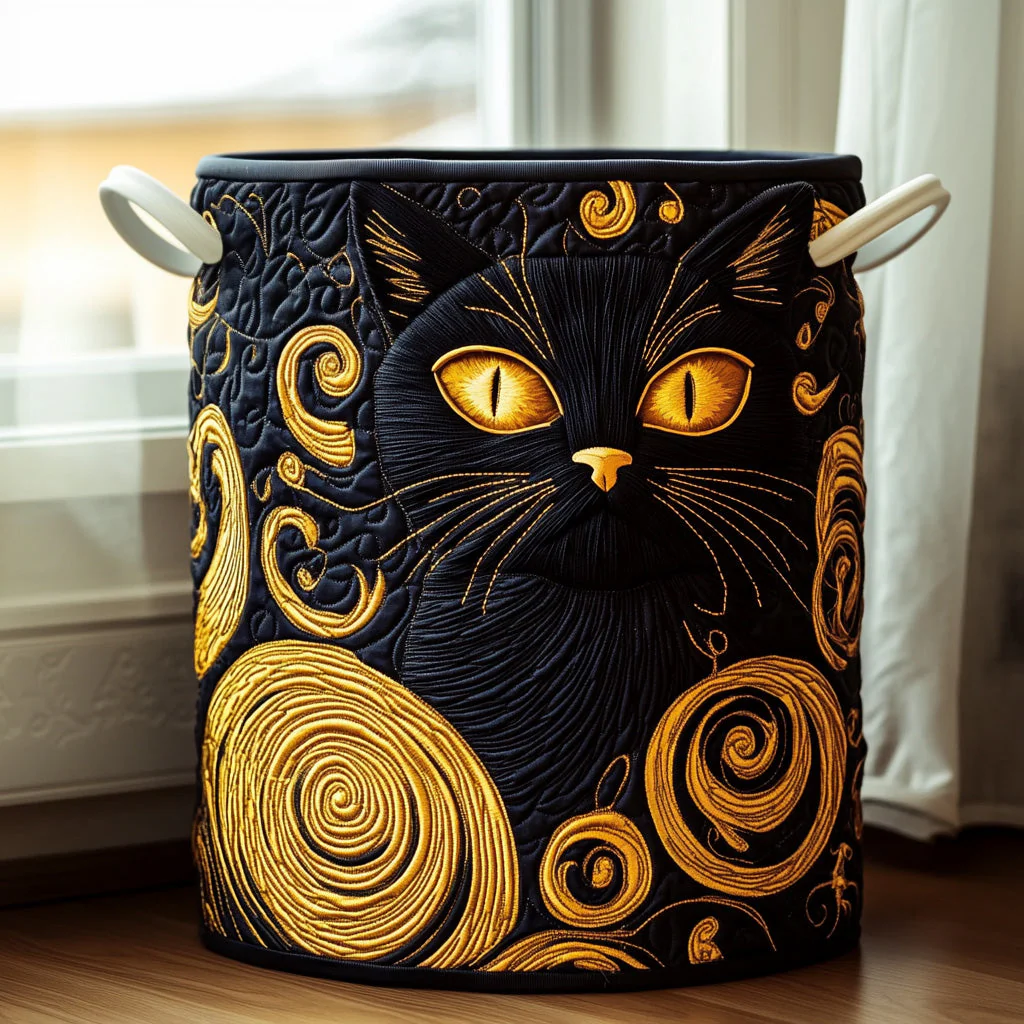 Black Cat Midnight Whiskers Laundry Basket Fabric Modern Laundry Hamper Cat Themed Items