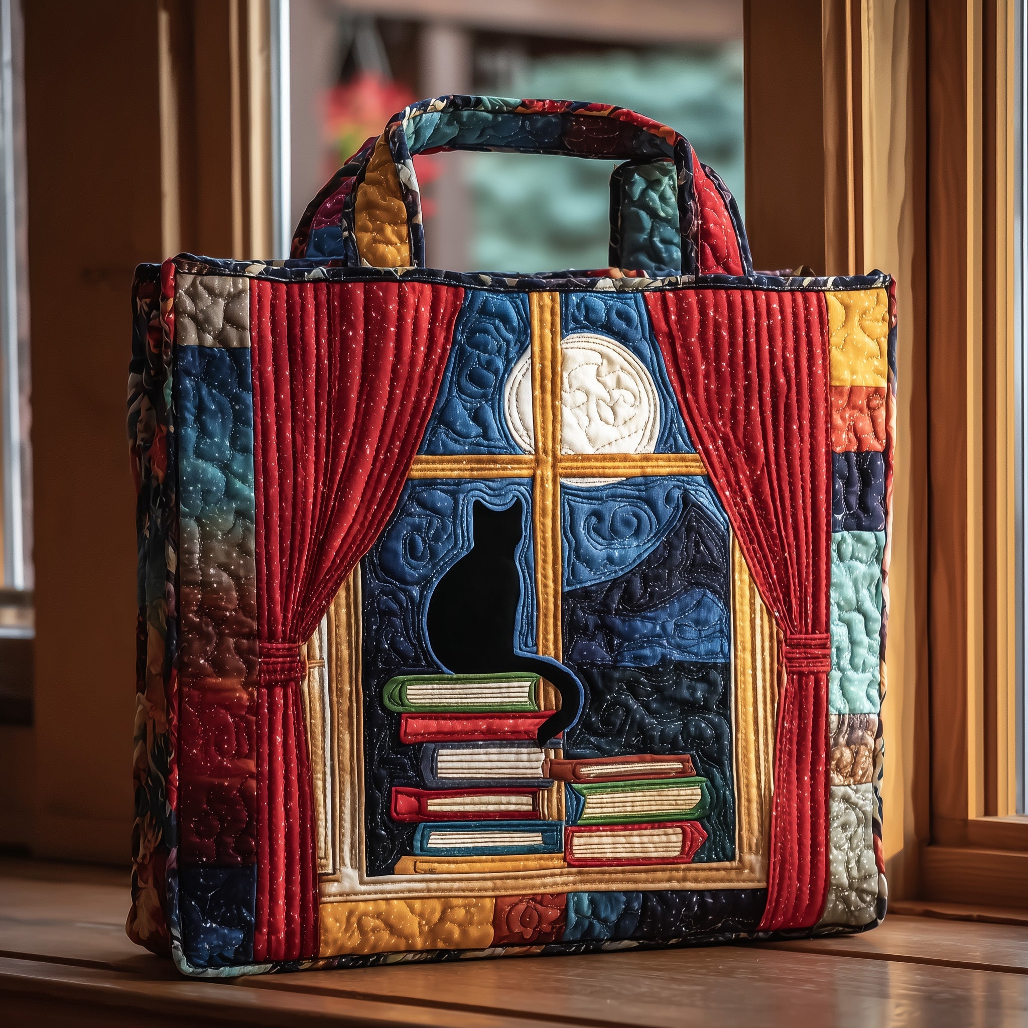 Black Cat On Book Quilted Tote Bag Moonlit Window Scene Handbag Gifts For Cat Lovers