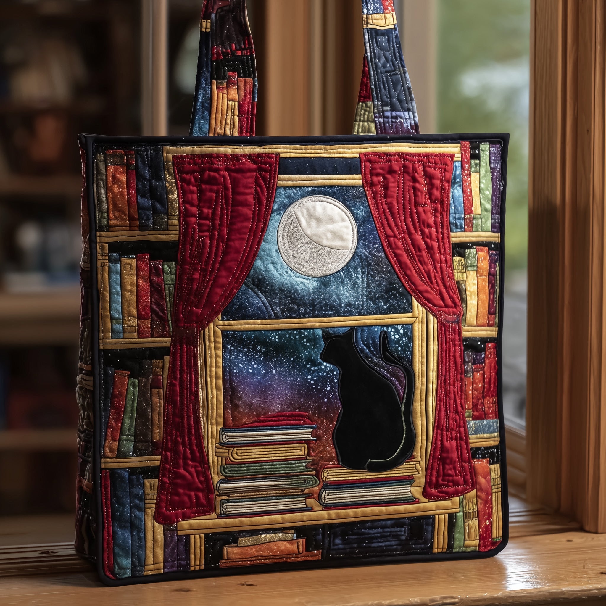 Black Cat On Book Quilted Tote Bag Moonlit Window Scene Shoulder Bag Gifts Ideas For Cat Mom