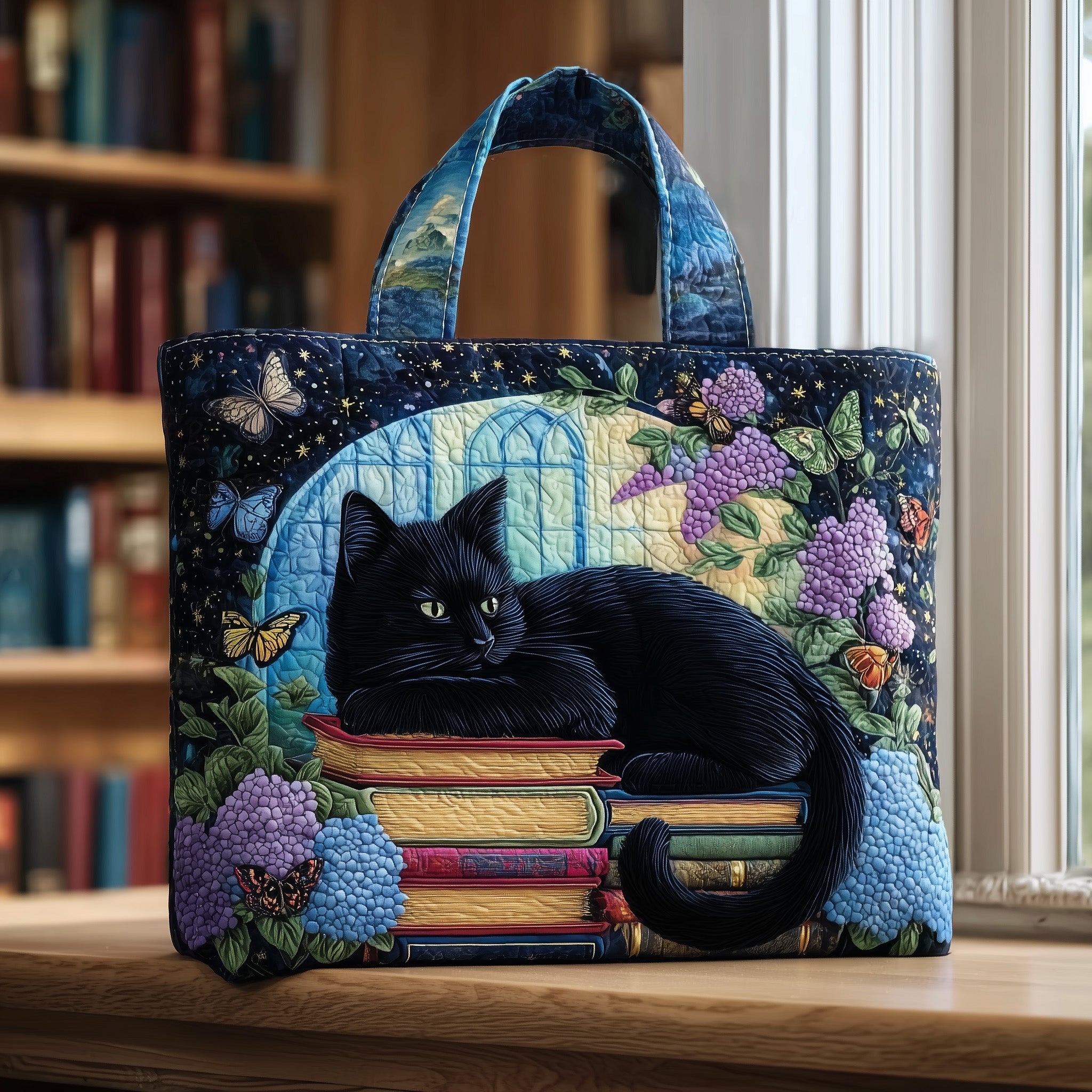 Black Cat On Books Quilted Tote Bag Bookish Shoulder Bag Black Cat Gifts For Her