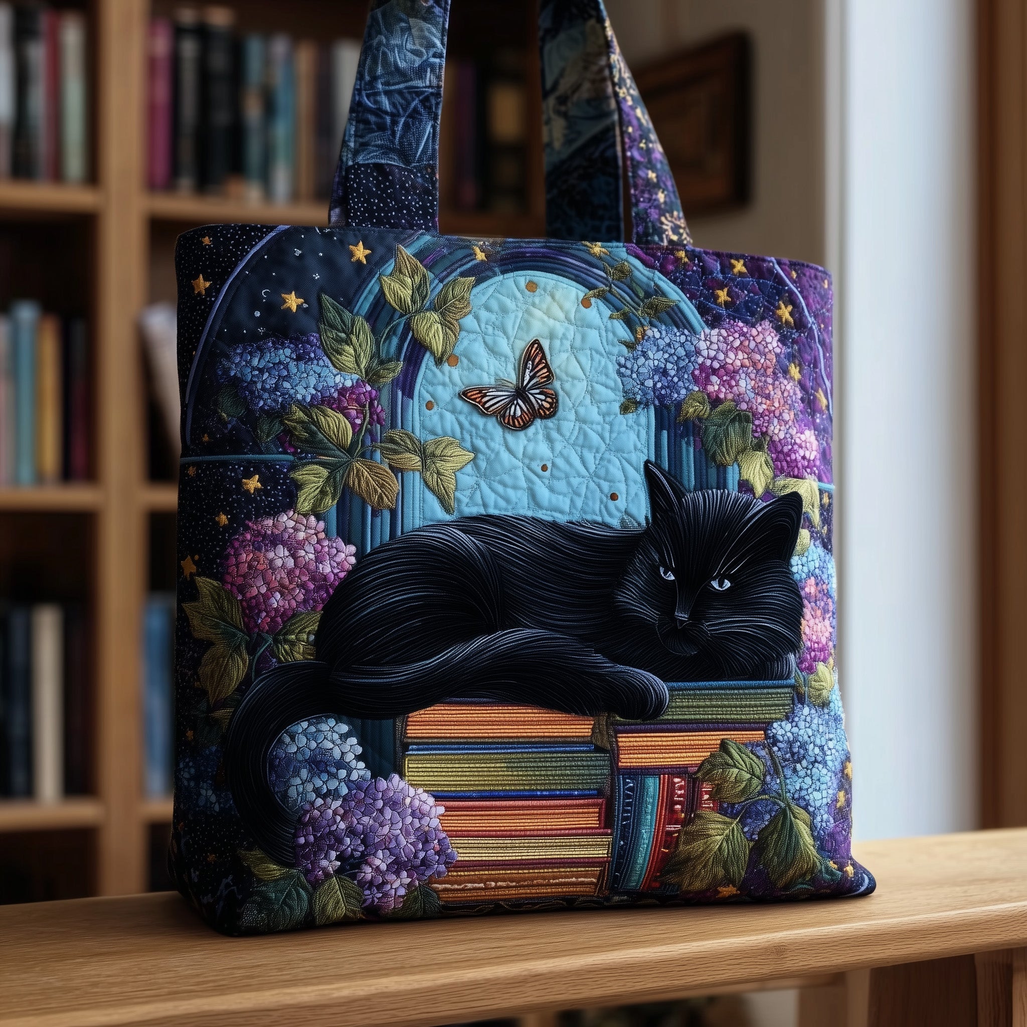 Black Cat On Books Quilted Tote Bag Floral Shoulder Bag Cat Lovers Gifts For Bookworm