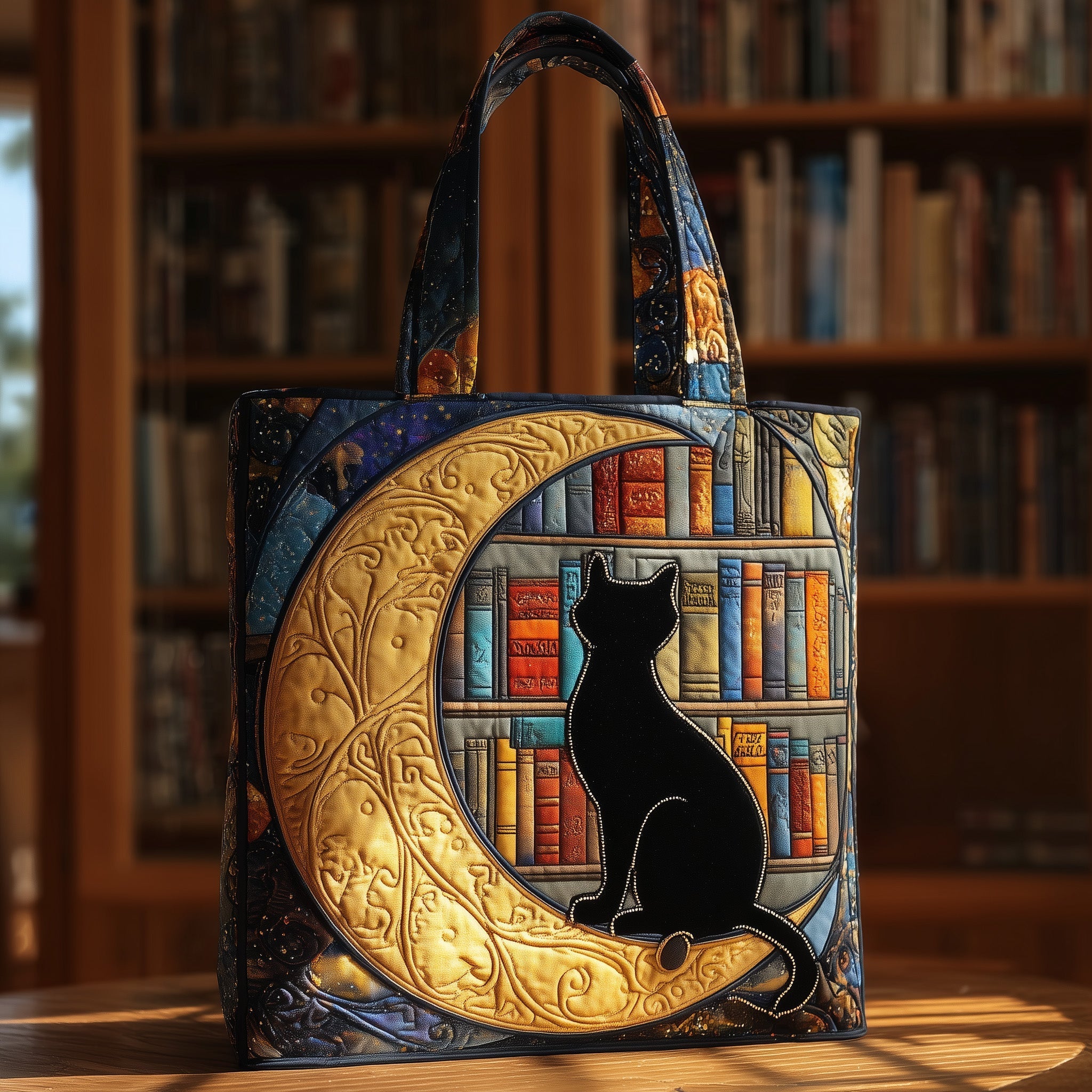Black Cat On Crescent Moon Quilted Tote Bag Best Work Totes For Women Black Cat Themed Gifts