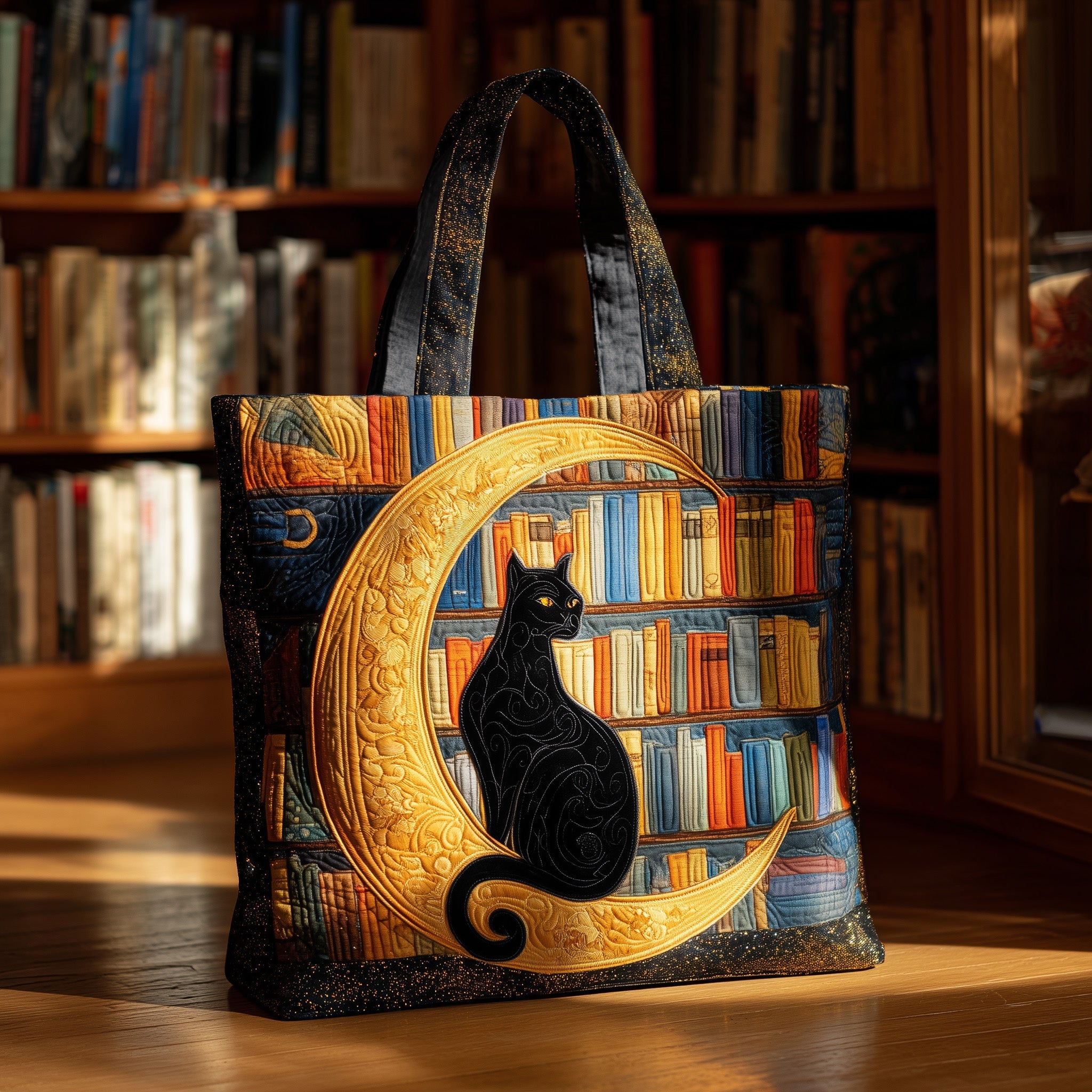 Black Cat On Crescent Moon Quilted Tote Bag Great Shoulder Bags Black Cat Gifts For Her