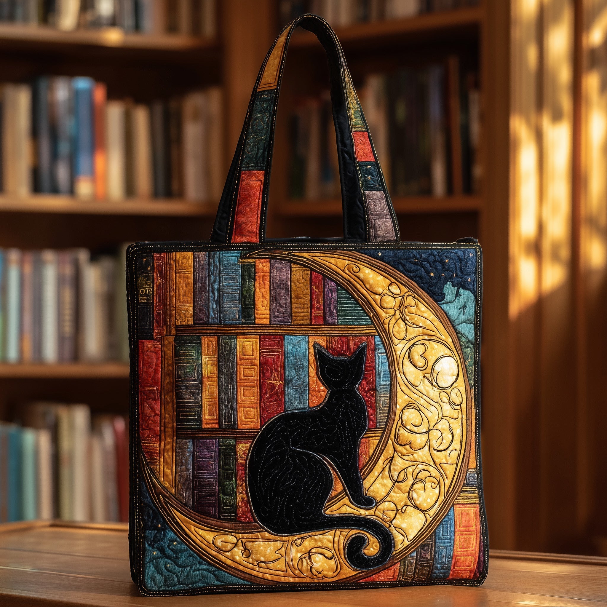 Black Cat On Crescent Moon Quilted Tote Bag Great Tote Bags Black Cat Merchandise Gifts