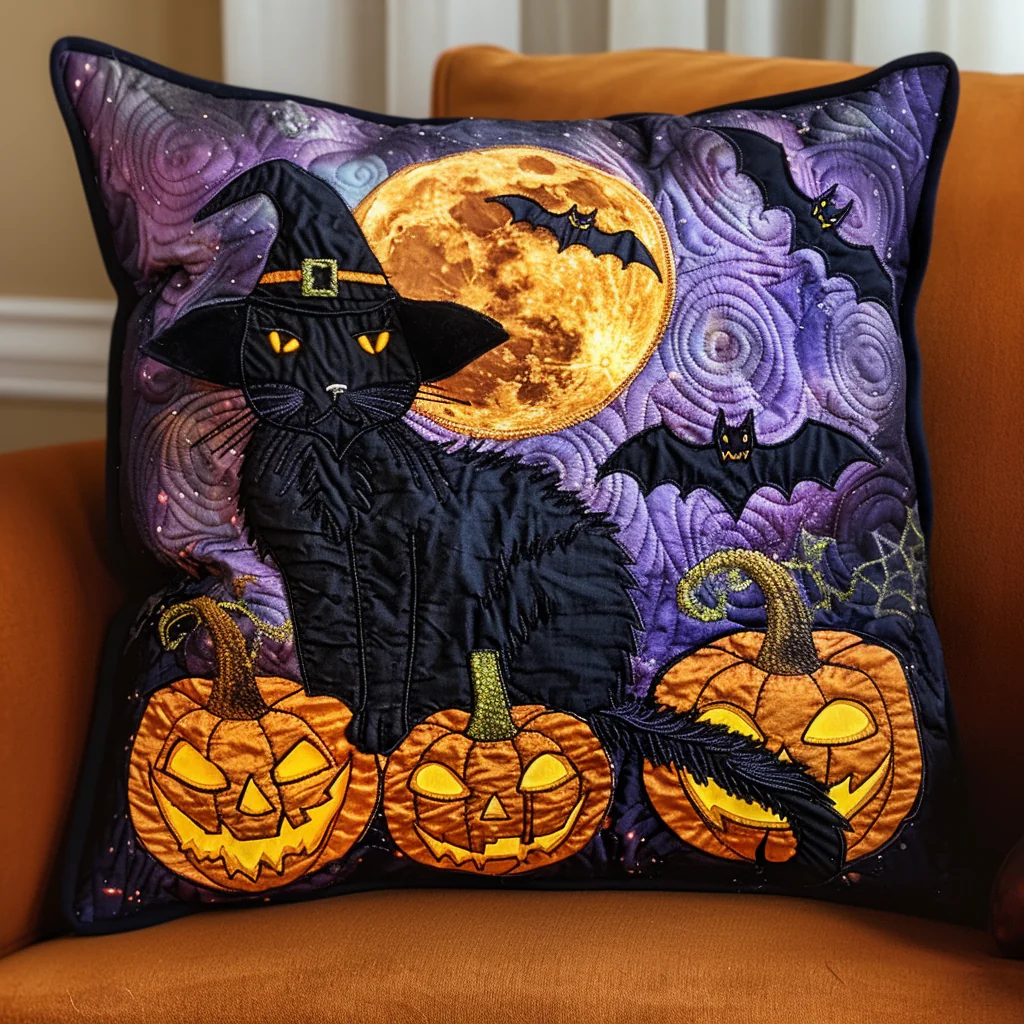 Black Cat Pumpkin Quilted Pillow Case Spooky Pillow Cover Gift for Cat Lovers