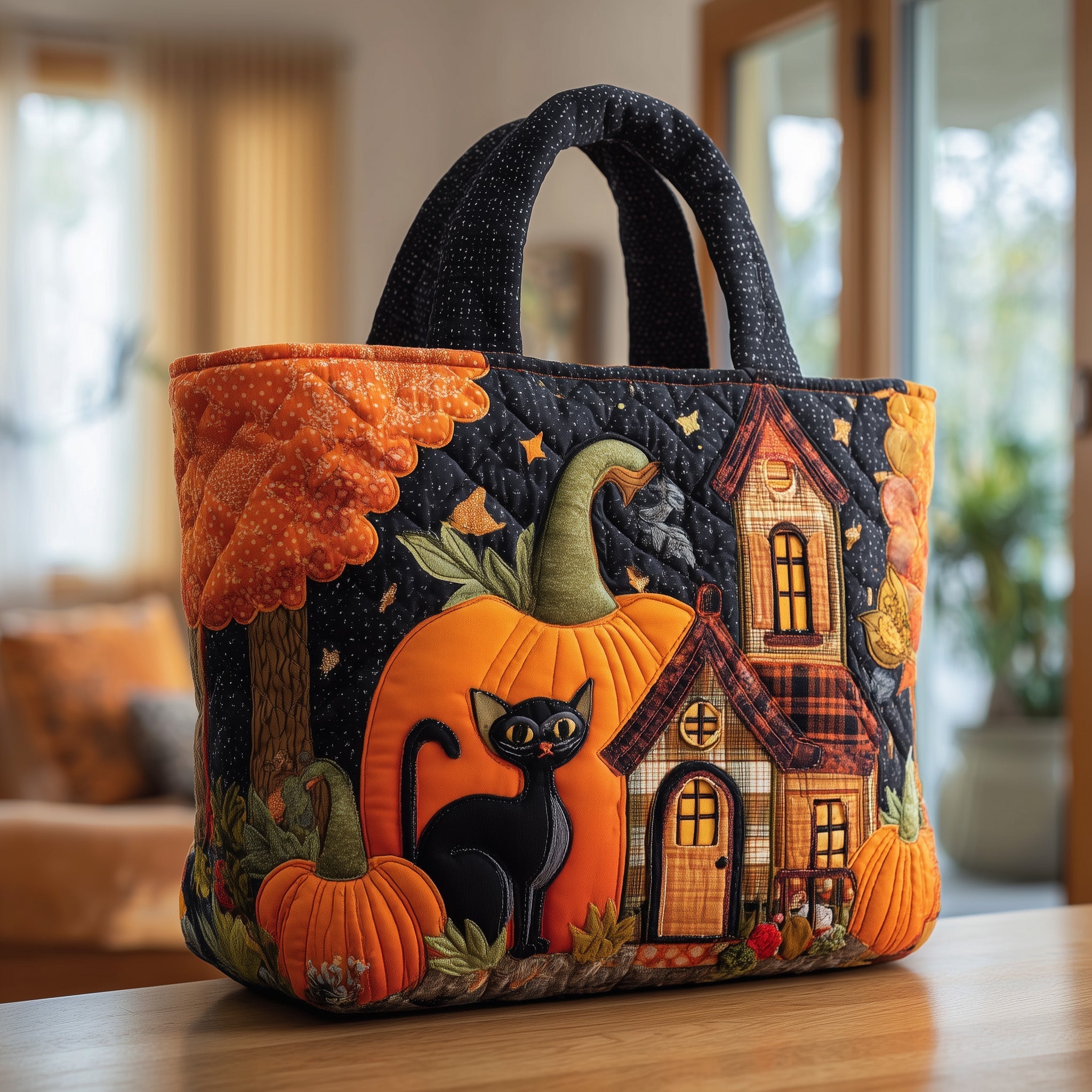 Black Cat Pumpkin Quilted Tote Bag Fall Season Shoulder Bag Present For Cat Lovers