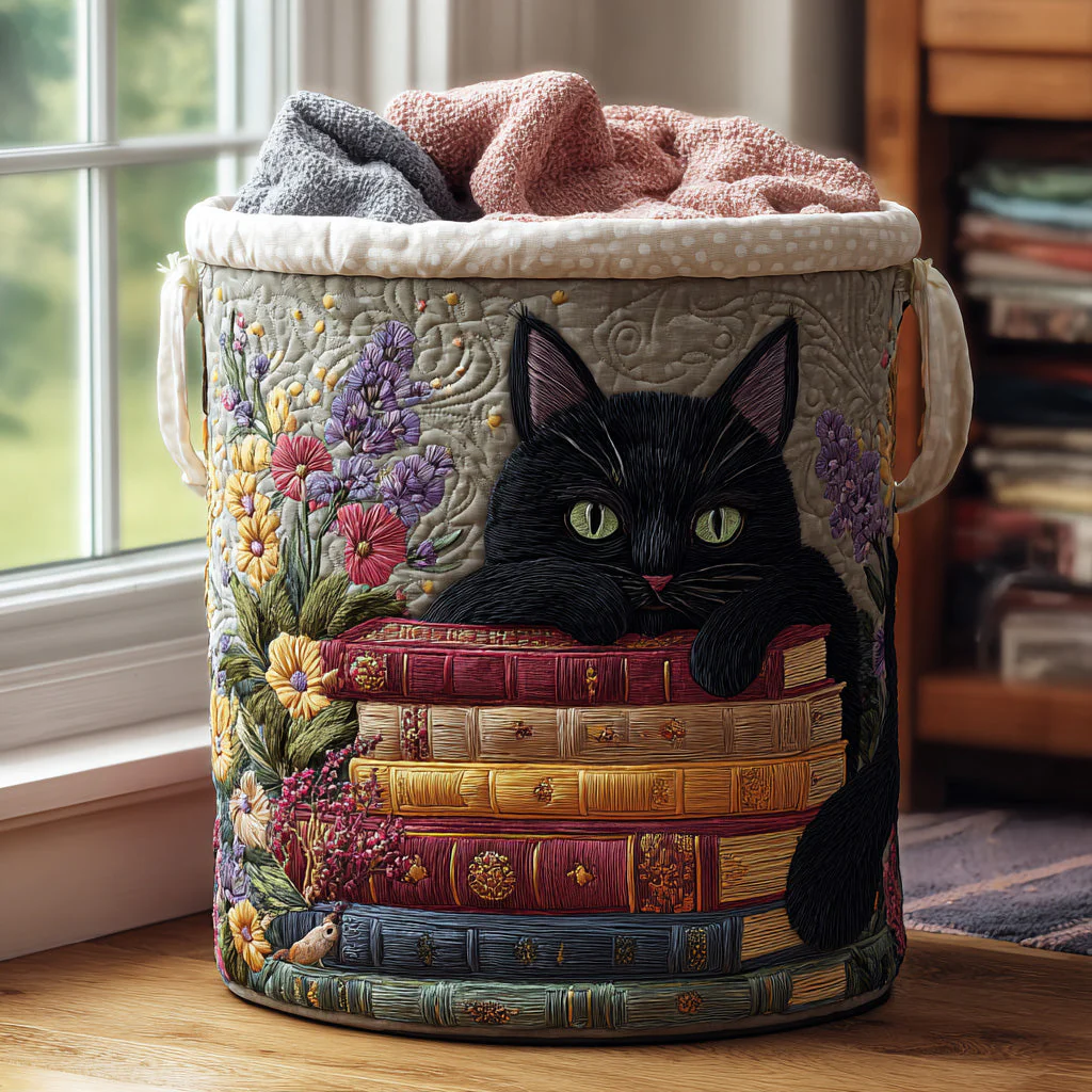 Black Cat Purring Pages Bookish Laundry Basket Fabric Cat Themed Items Book Lover Gifts