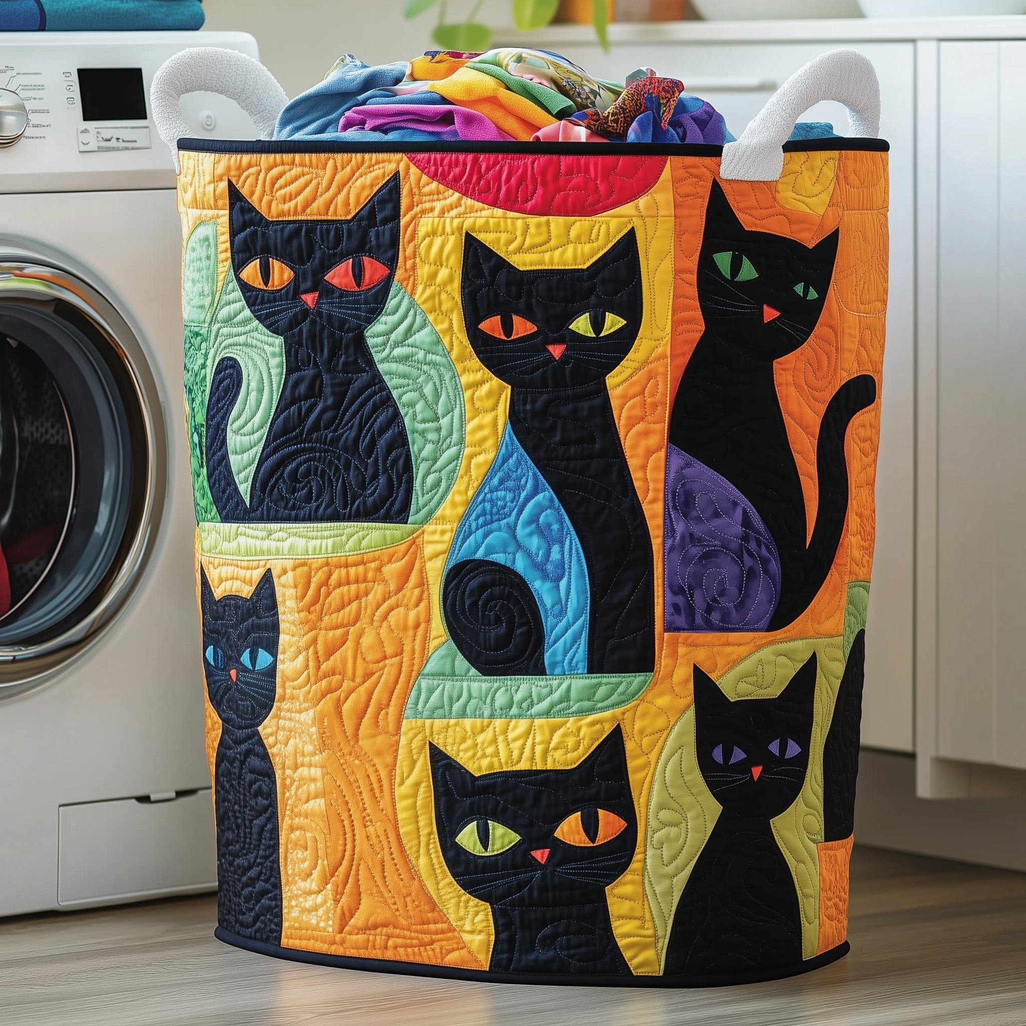 Black Cat Quilted Laundry Basket Whimsical Colorful Clothes Hamper Gifts For Cat Lovers